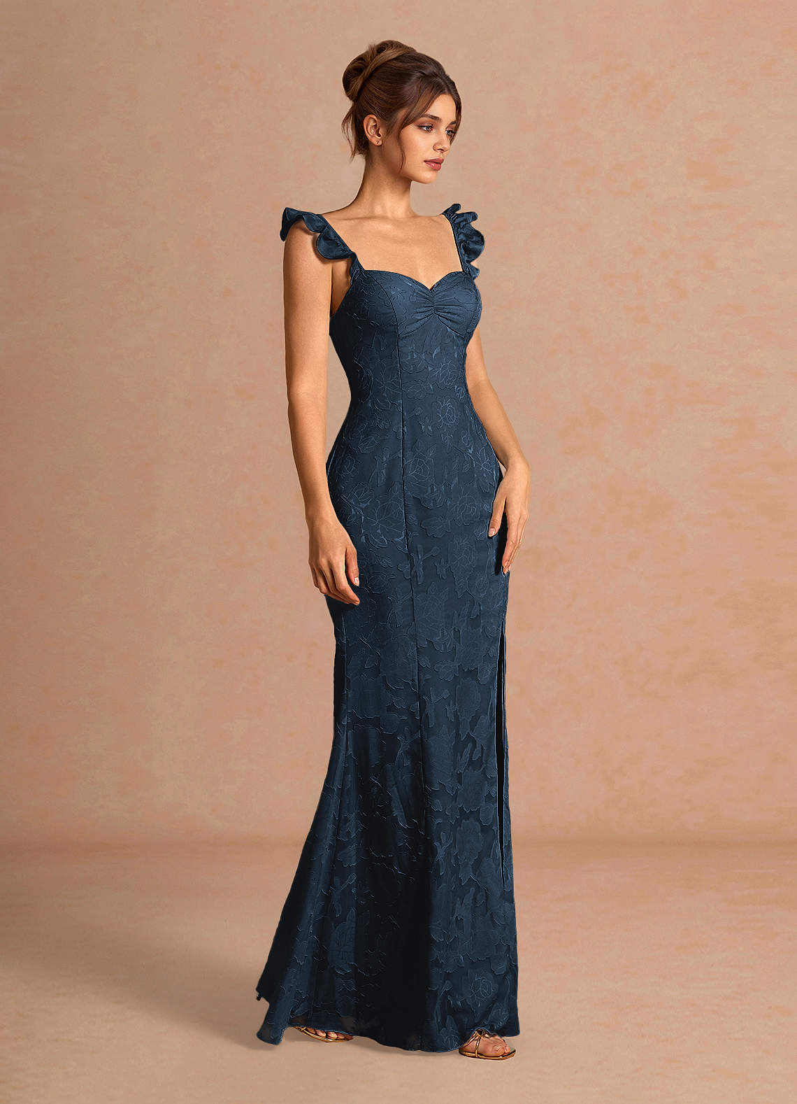 Romilly Mermaid Ruffled Chiffon Burnout Evening Dress in Navy