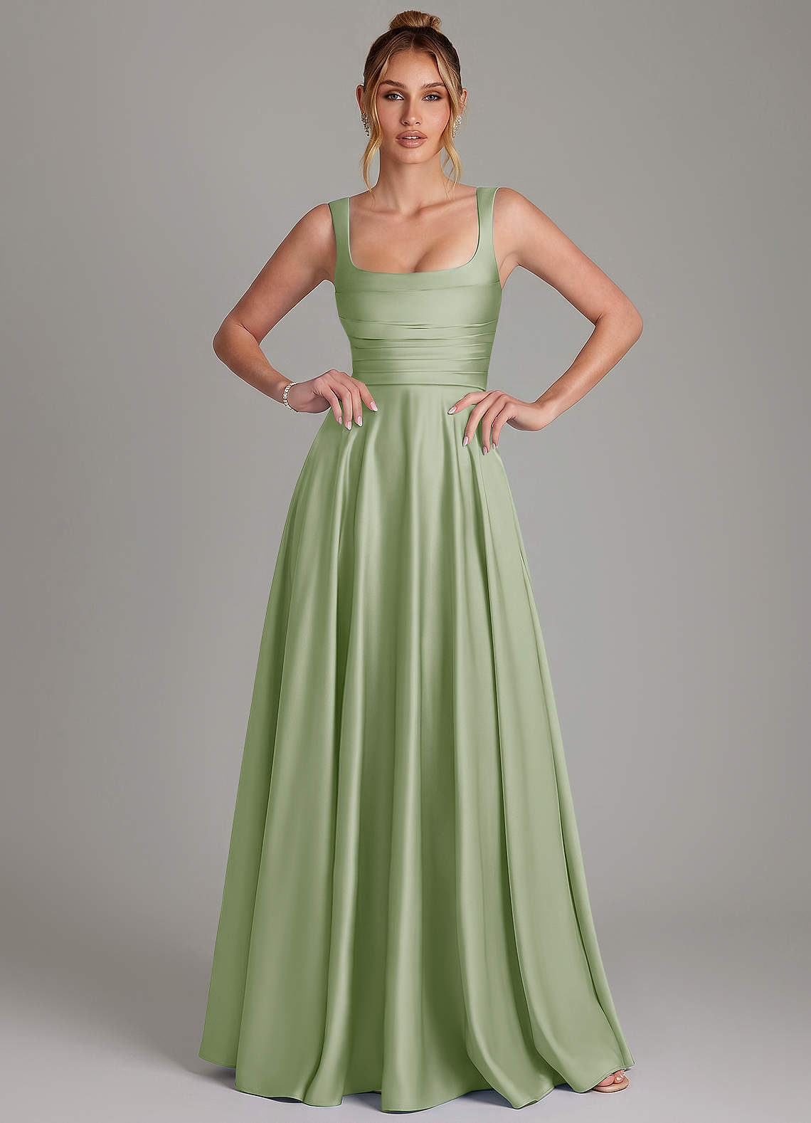Azaria A-Line Square-Neck Stretch Satin Bridesmaid Dress in Dusty Sage