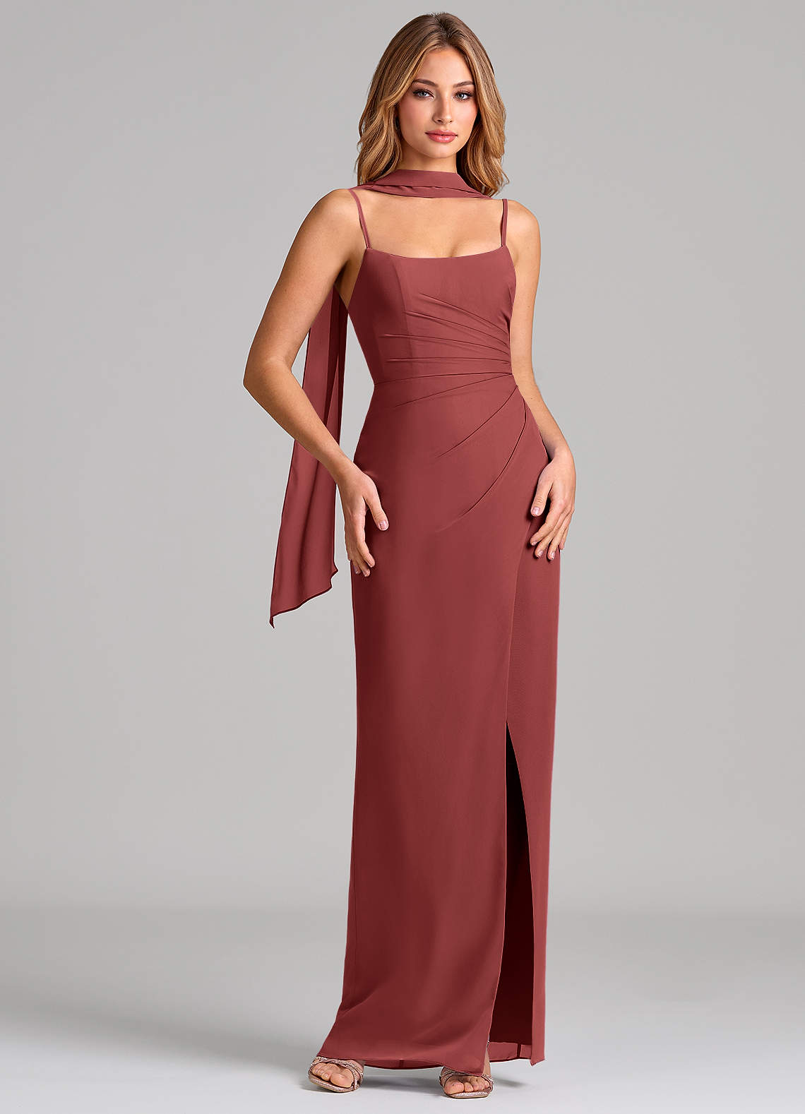 Calandra Sheath Scoop-Neck Chiffon Bridesmaid Dress in Terracotta