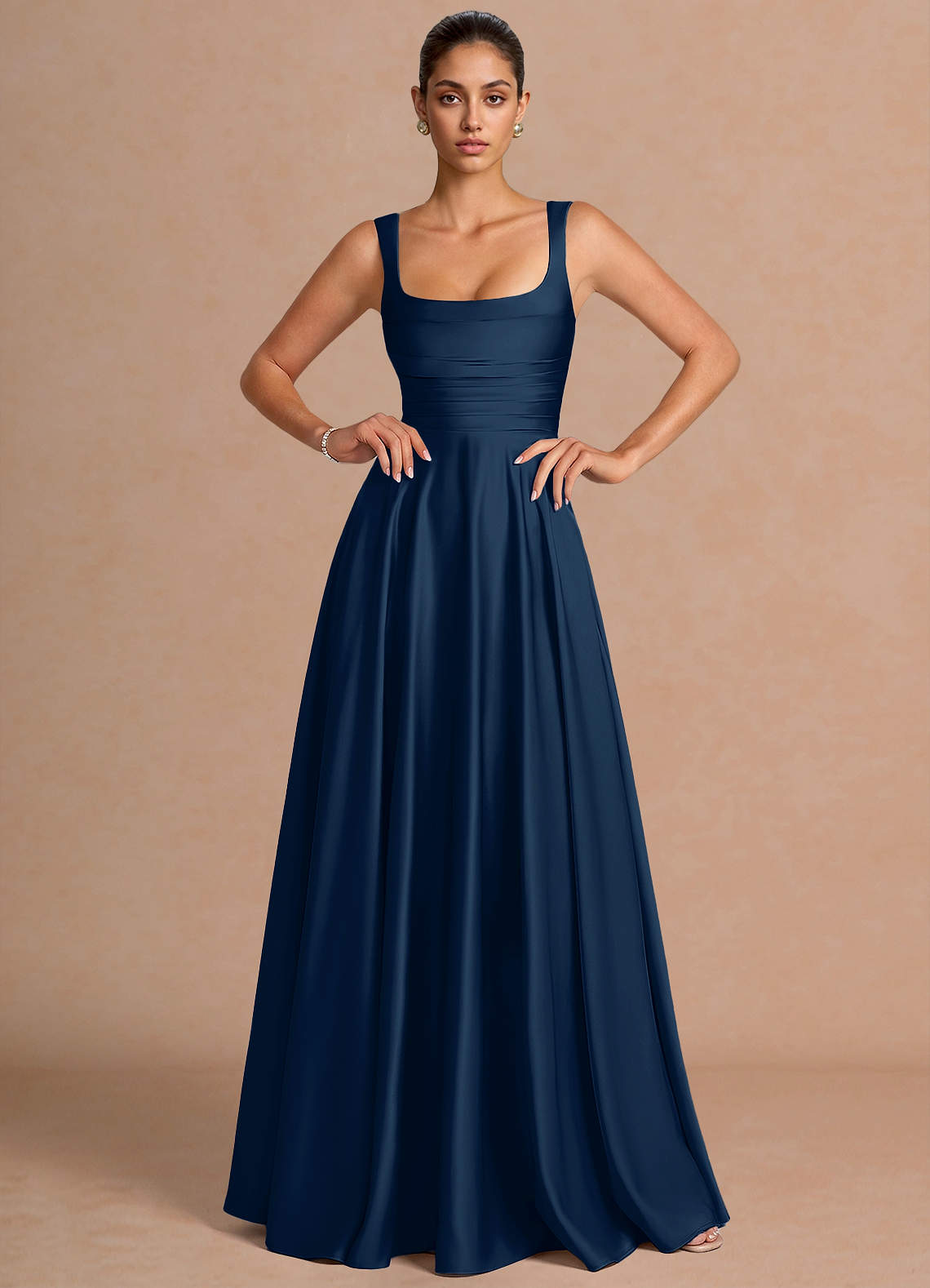 Azaria A-Line Square-Neck Stretch Satin Wedding Guest Dress in Haze blue