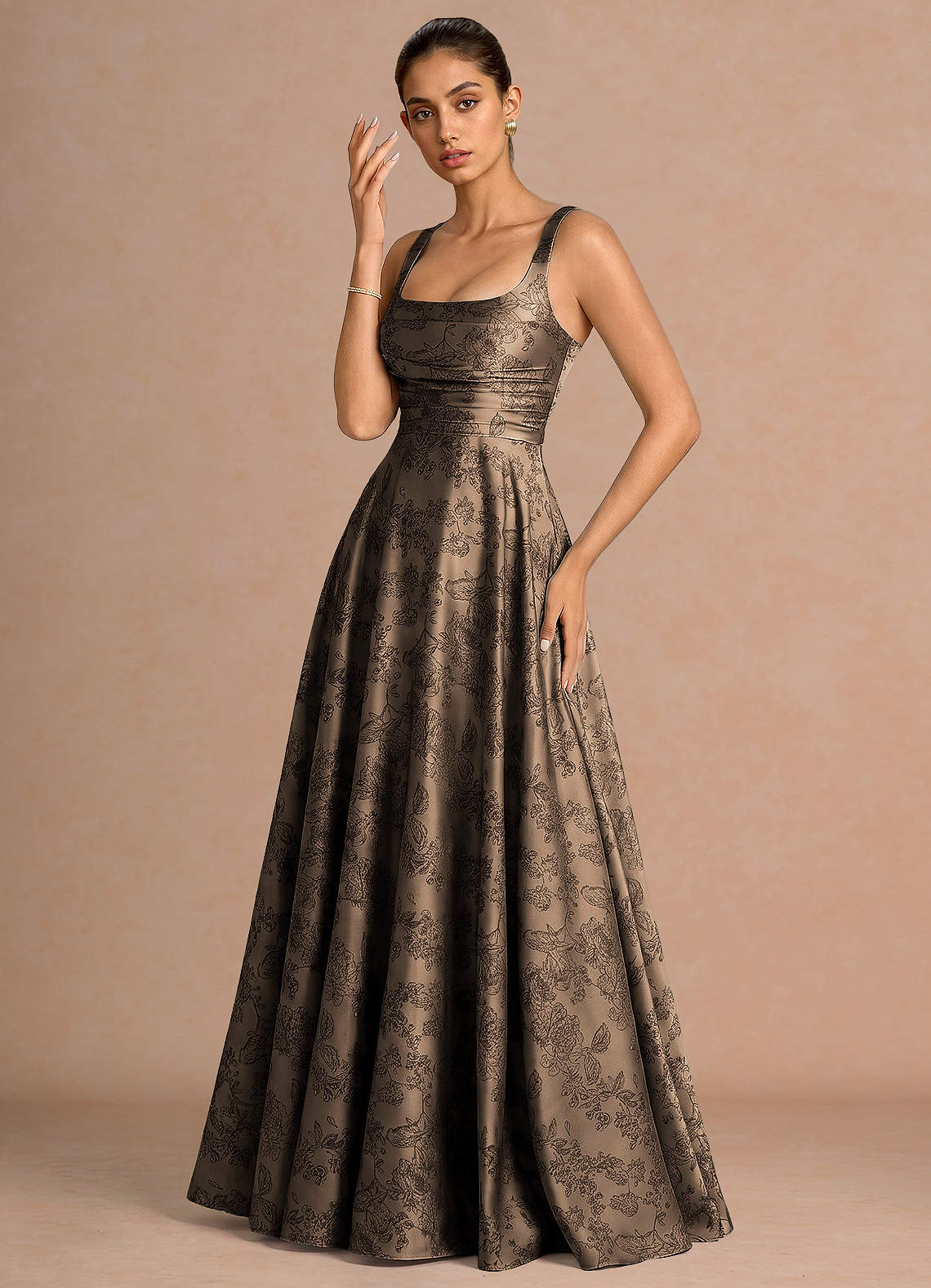 Azaria A-Line Square-Neck Jacquard Evening Dress in Coffee Brown