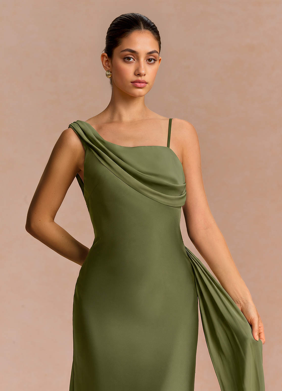 Ixchel A-Line Corset Crepe Chiffon Evening Dress in Olive