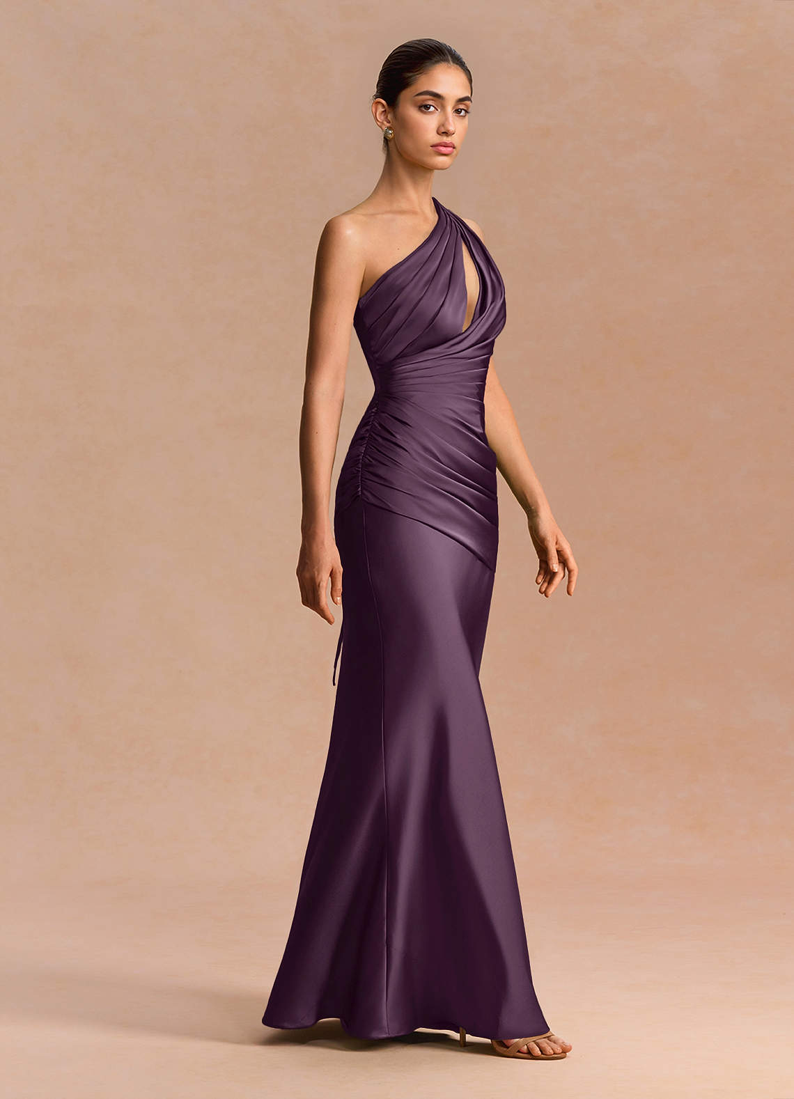 Guinevere One-Shoulder Cutout Stretch Satin Evening Dress in Dark Purple