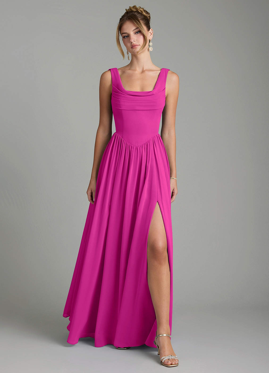 Novi A-Line Square-Neck Chiffon Bridesmaid Dress in Fuchsia