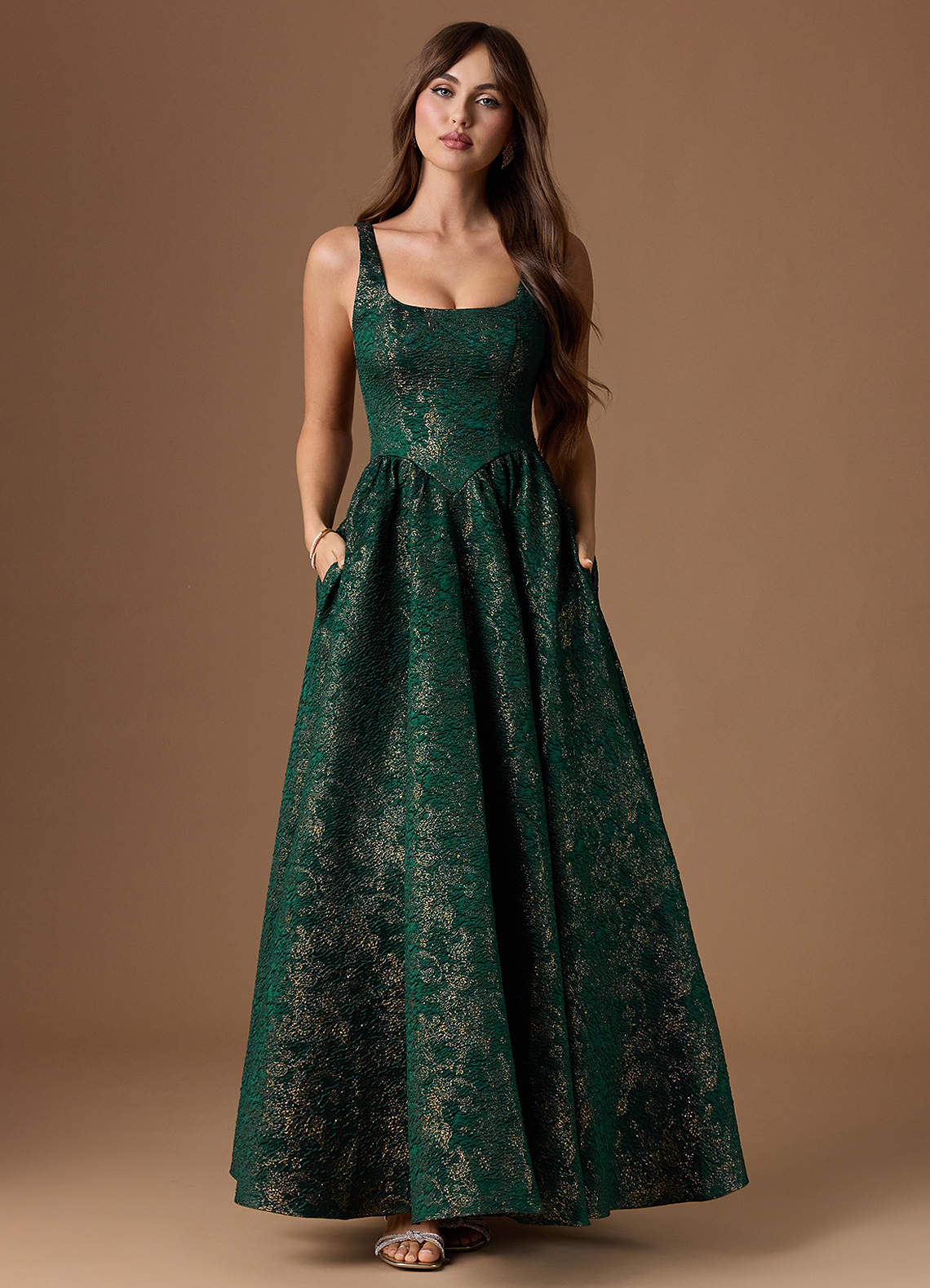 Bea A-Line Square-Neck Brocade Evening Dress in Gilded Emerald