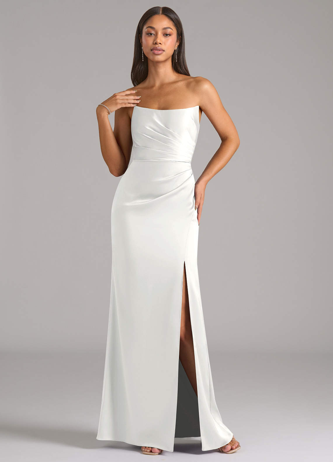 Marla Sheath Strapless Stretch Satin Bridesmaid Dress in white