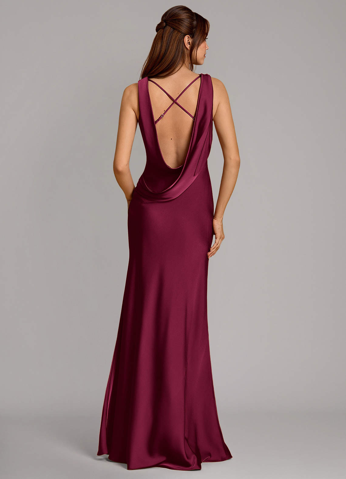 Cheryl Mermaid Cowl-Neck Stretch Satin Bridesmaid Dress in Burgundy