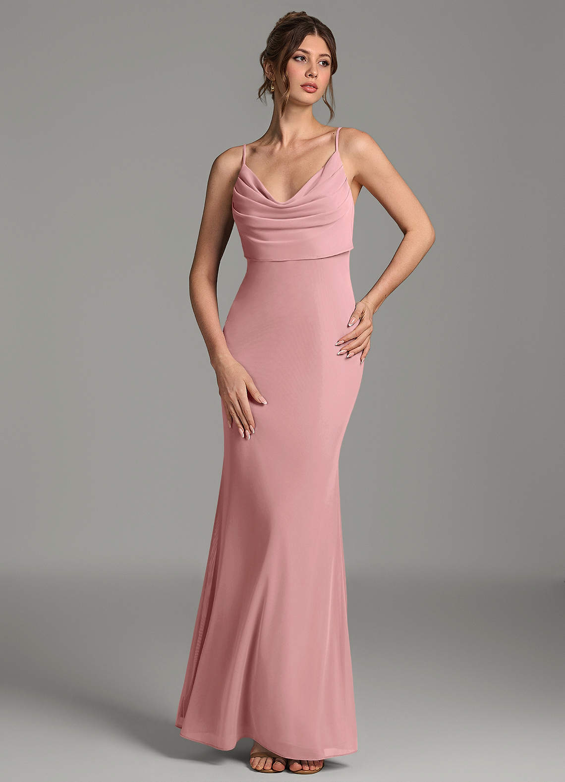 Zari Mermaid Cowl-Neck Mesh Bridesmaid Dress in dusty rose