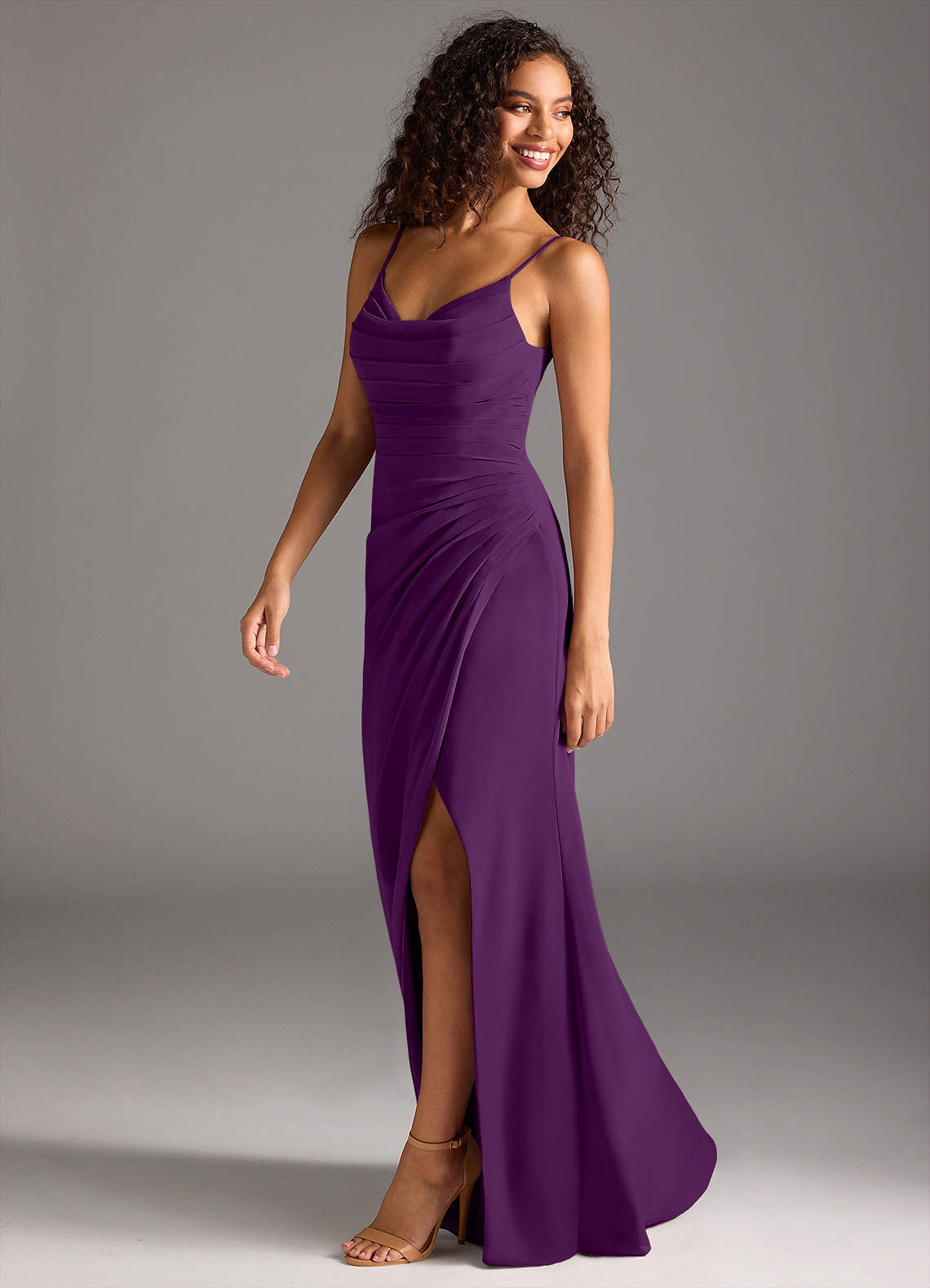 Deandra Mermaid Cowl-Neck Chiffon Bridesmaid Dress in Grape