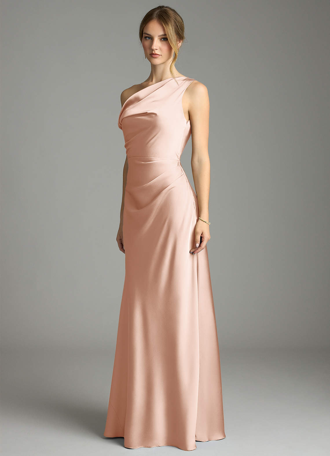 Emerson Mermaid One-Shoulder Stretch Satin Bridesmaid Dress in rose gold