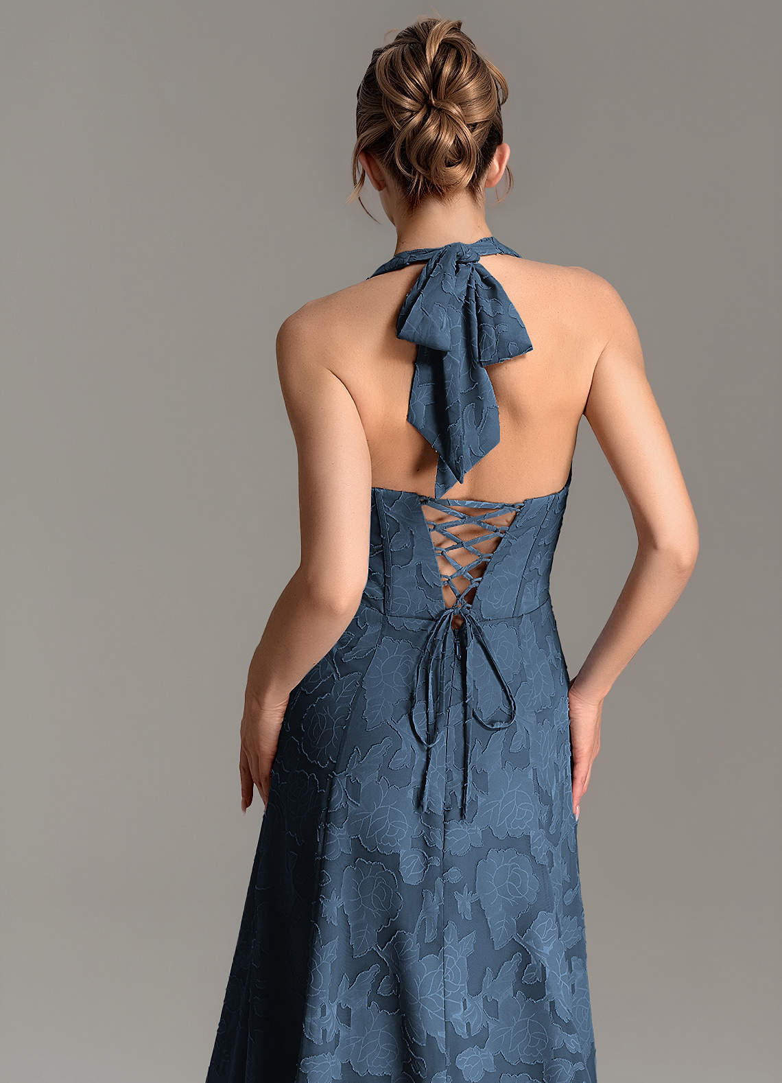 Nia A-Line V-Neck Floral Burnout Bridesmaid Dress in Dark Navy