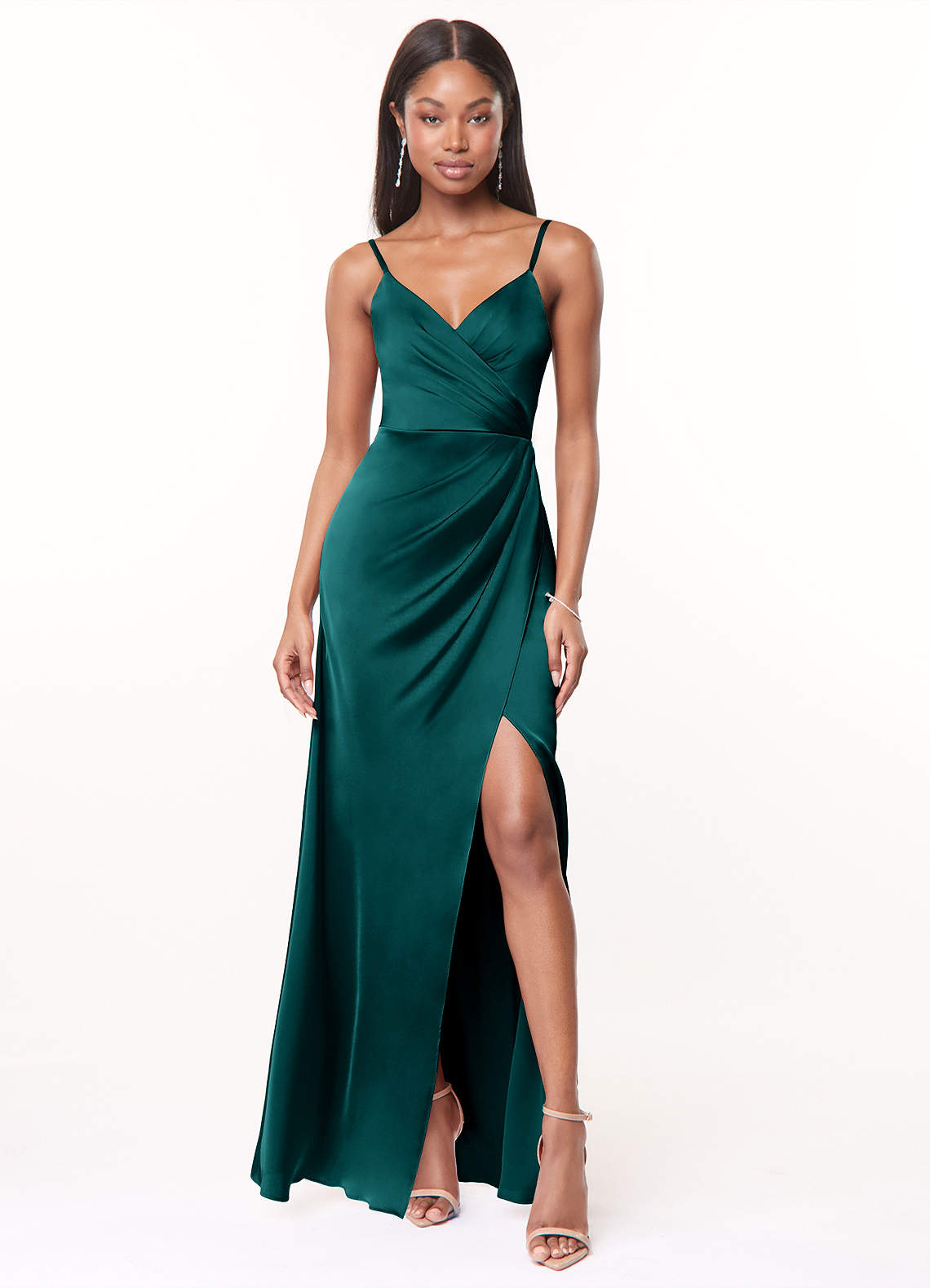 Maci A-Line V-Neck Stretch Satin Bridesmaid Dress in Peacock