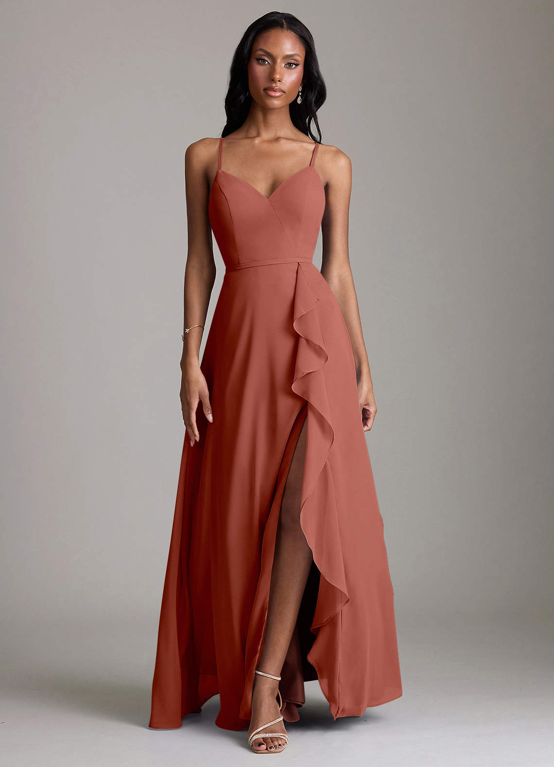 Naeem A-Line V-Neck Chiffon Bridesmaid Dress in Auburn