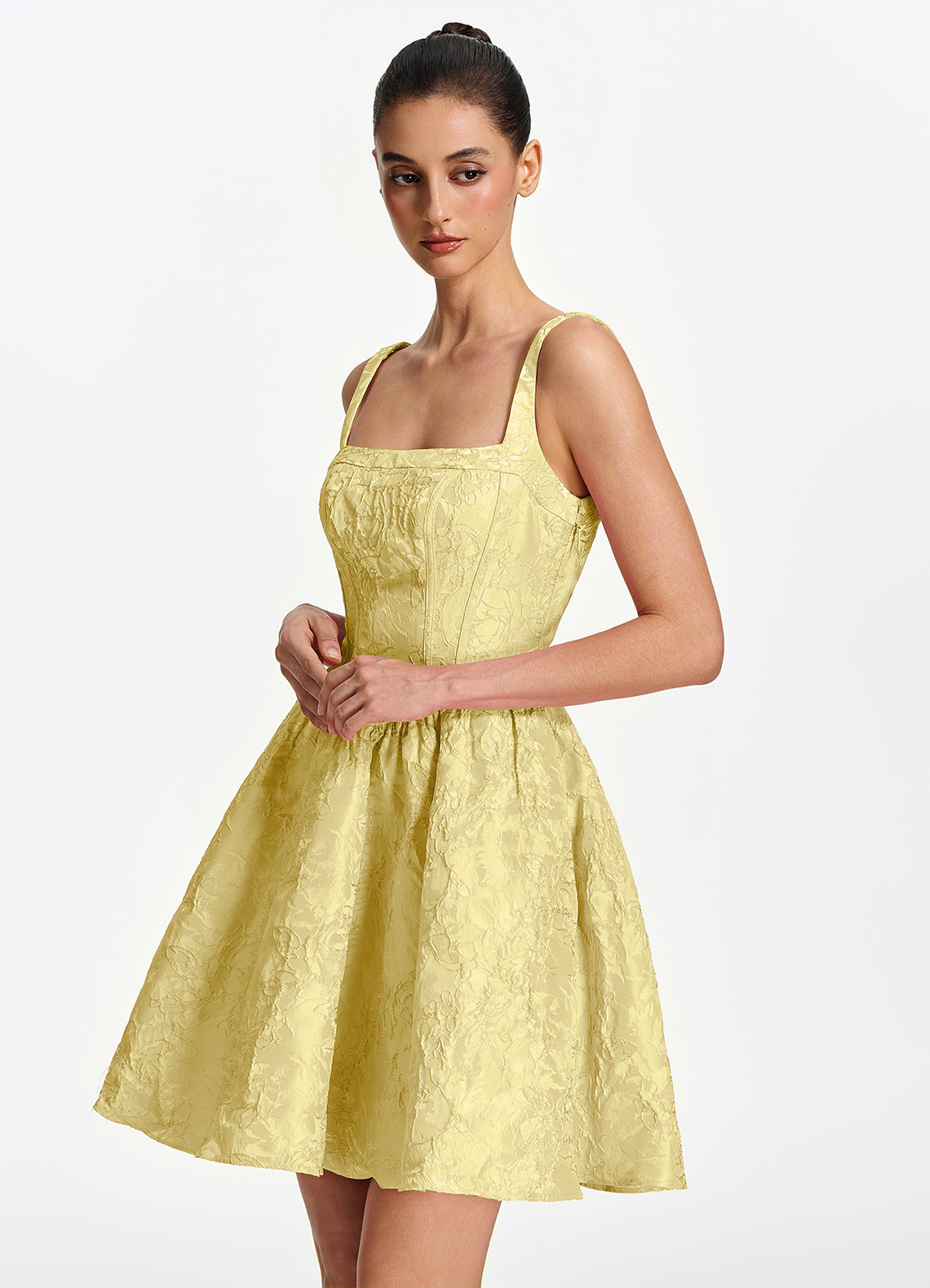 Lionelle Skater Mini Square-Neck Jacquard Prom Dress in Yellow - photo 4
