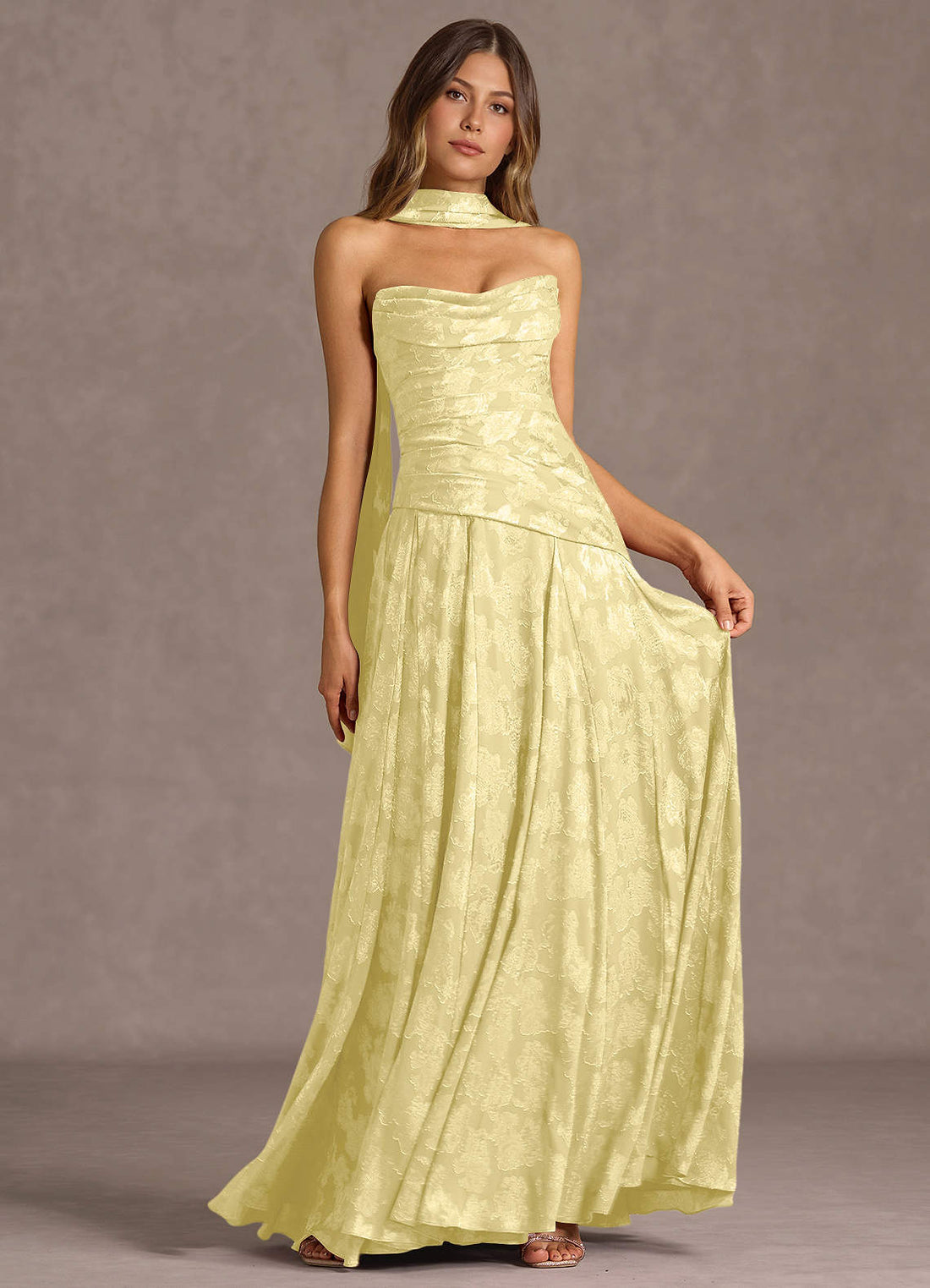 Gabriela A-Line Corset Fil Coupé Wedding Guest Dress in Lemon Sorbet