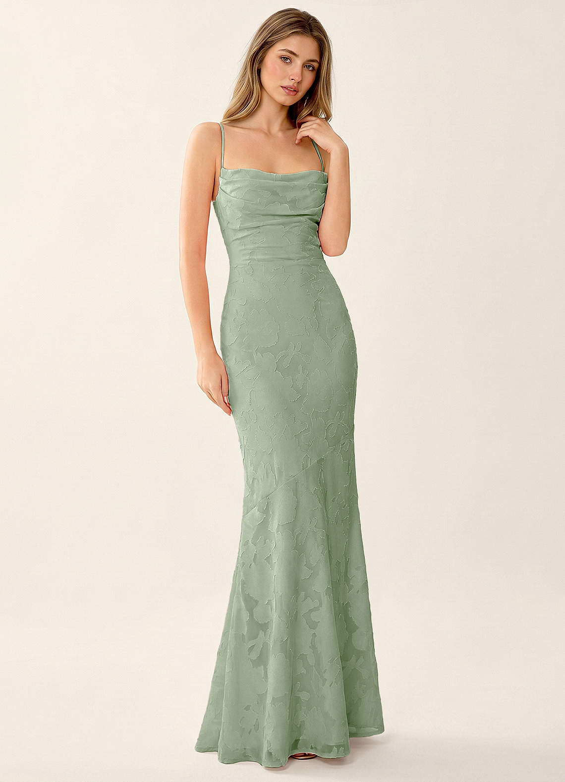 Natasha Mermaid Spaghetti-Strap Floral Burnout Evening Dress in Burgundy