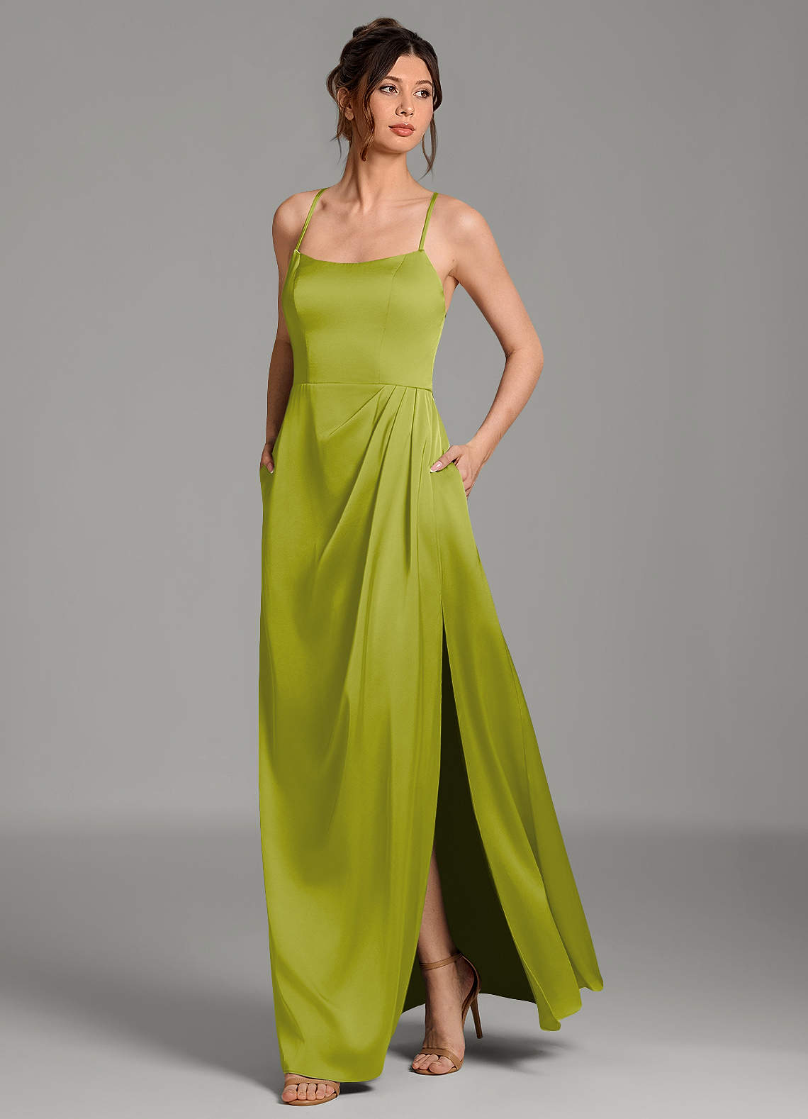 Frankie A-Line Scoop-Neck Stretch Satin Bridesmaid Dress in Lemongrass