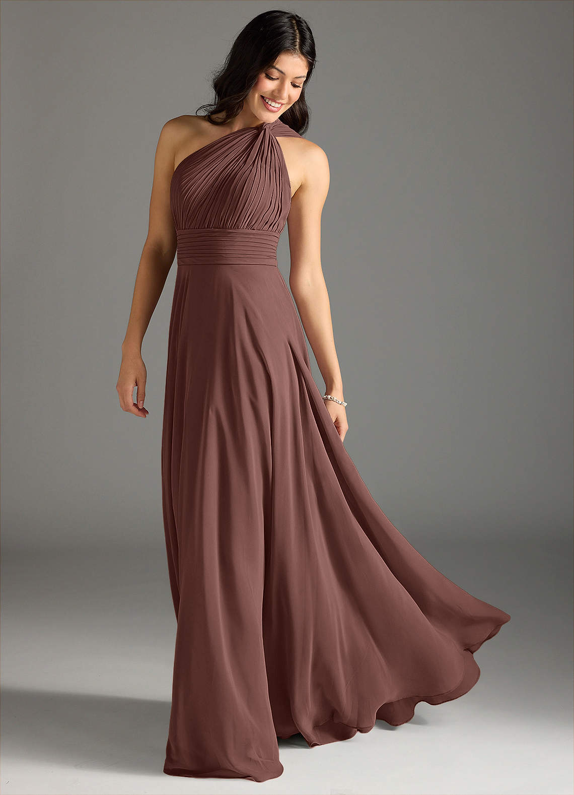 Charlize A-Line One-Shoulder Chiffon Bridesmaid Dress in Espresso