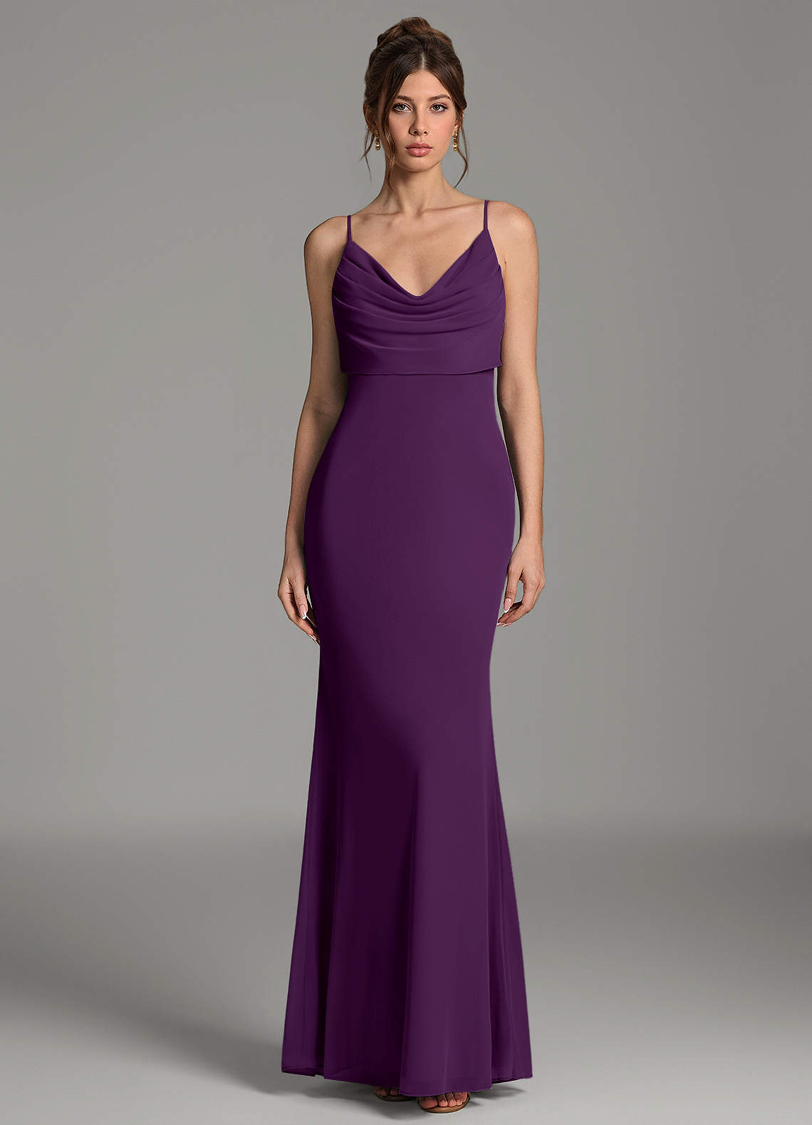 Zari Mermaid Cowl-Neck Mesh Bridesmaid Dress in Grape