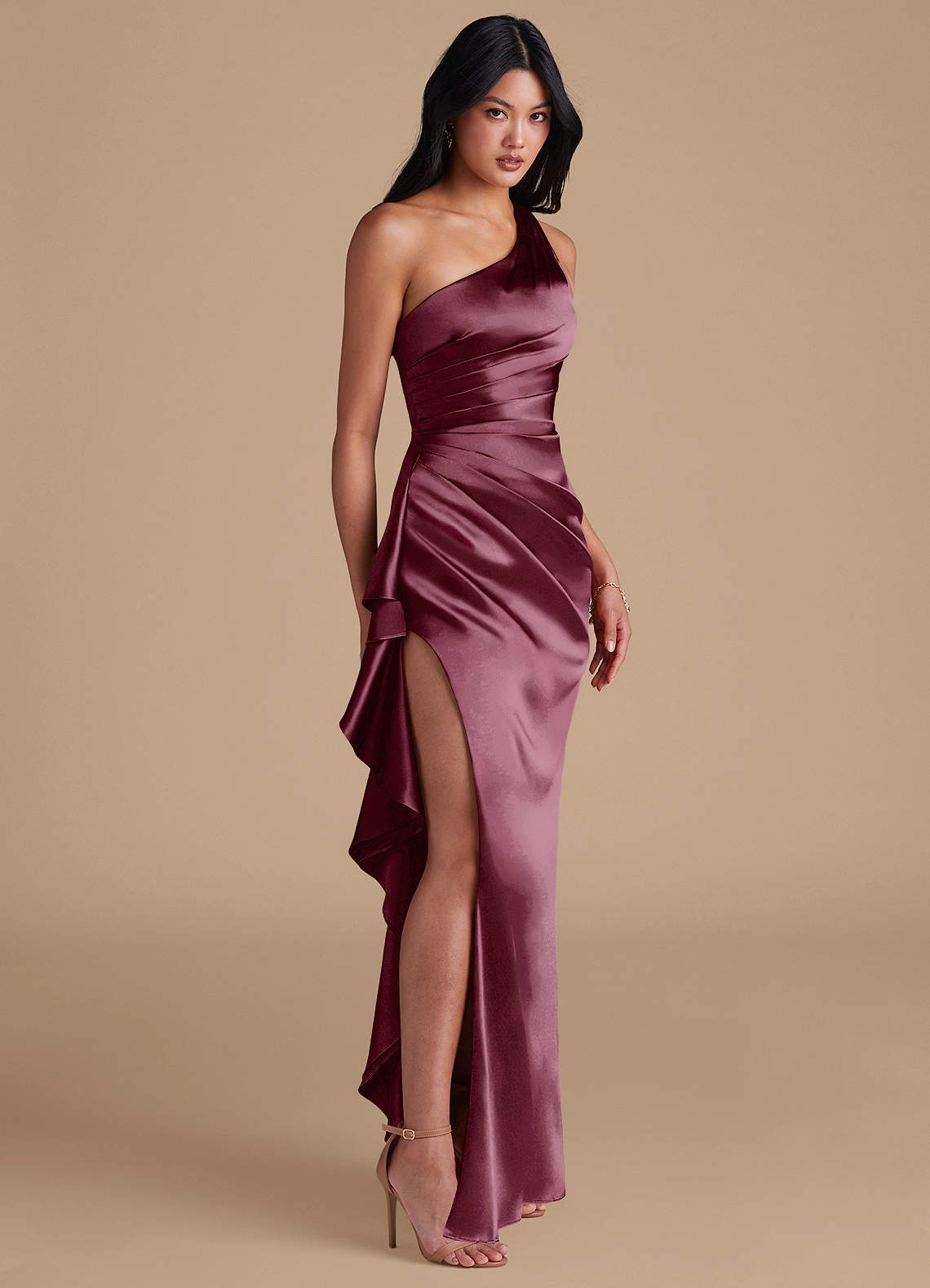 Latrice Sheath One-Shoulder Metallic Satin Bridesmaid Dress in Cabernet