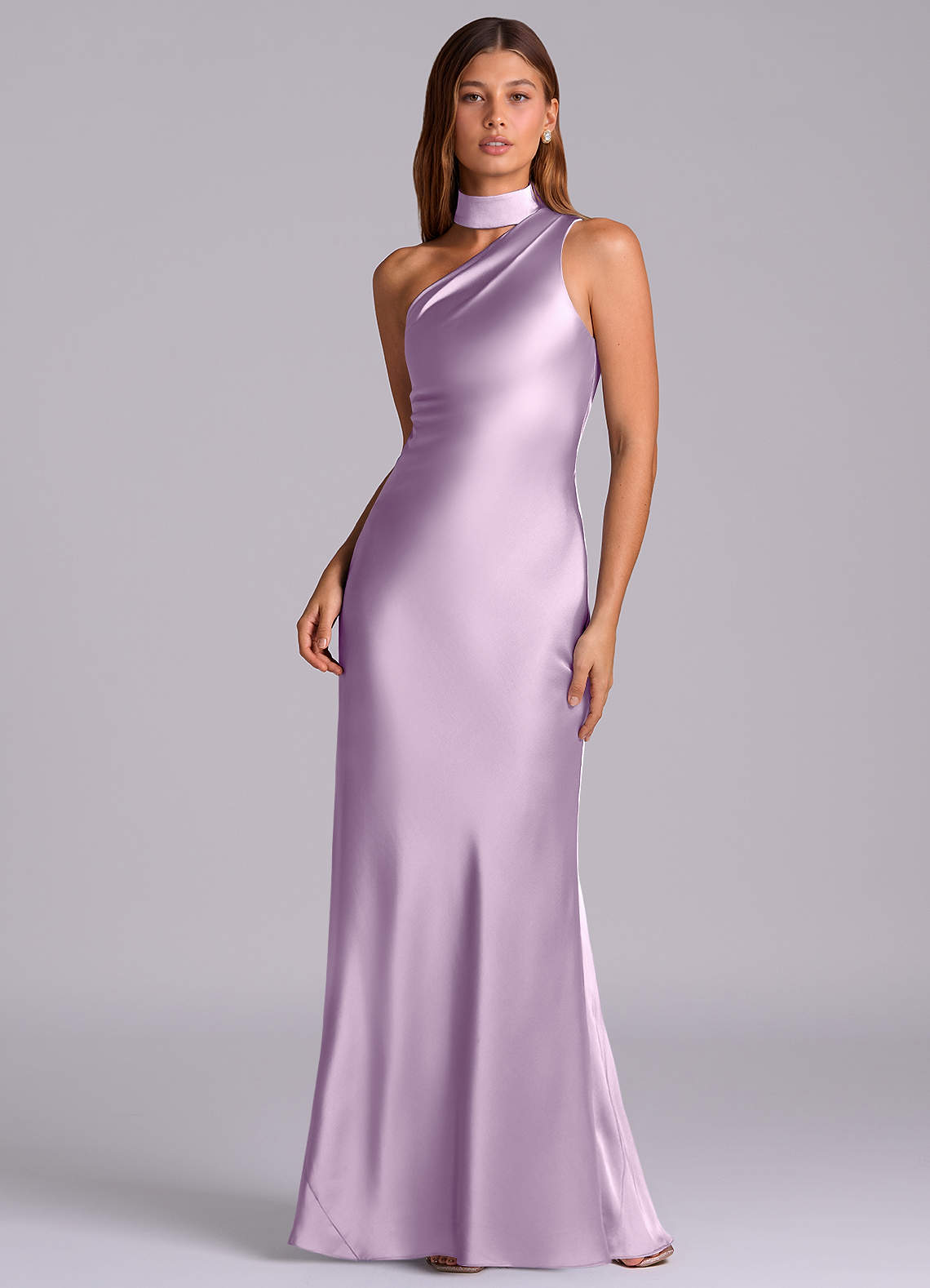 Seona Mermaid One-Shoulder Stretch Satin and Tulle Bridesmaid Dress in Frosted Lilac