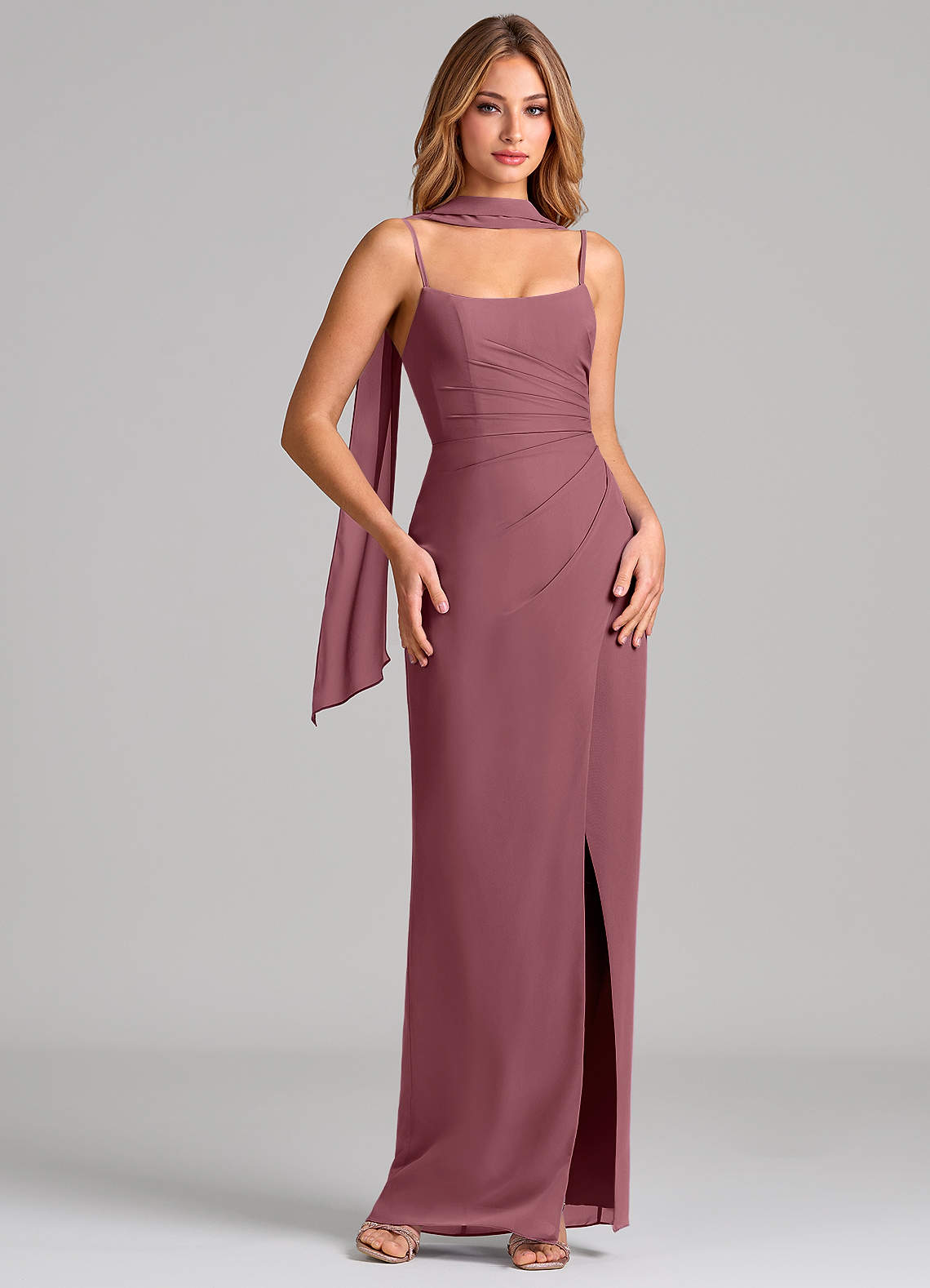 Calandra Sheath Scoop-Neck Chiffon Bridesmaid Dress in Desert Rose