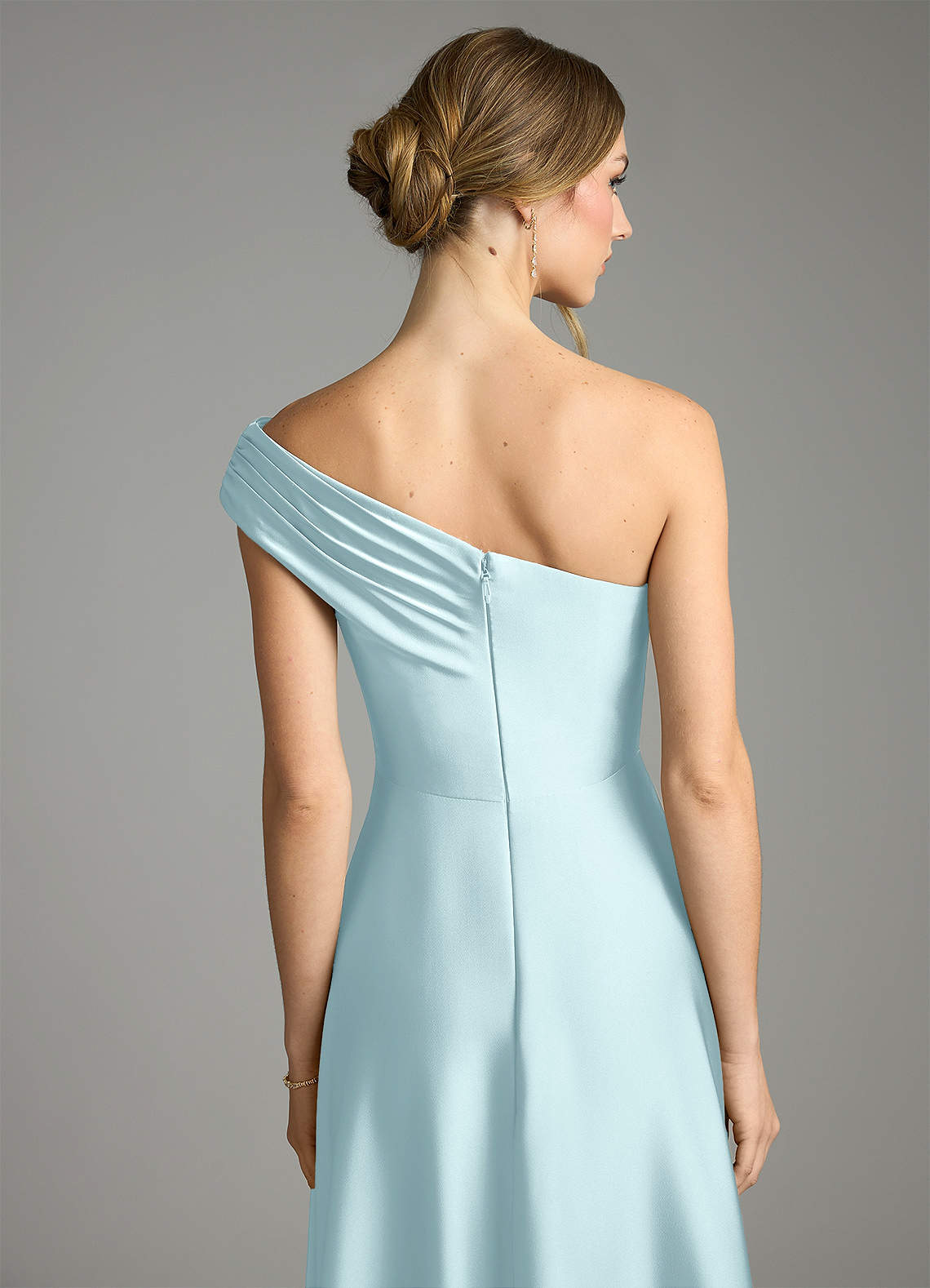 Melanie A-Line One-Shoulder Stretch Satin Bridesmaid Dress in Cloud Blue