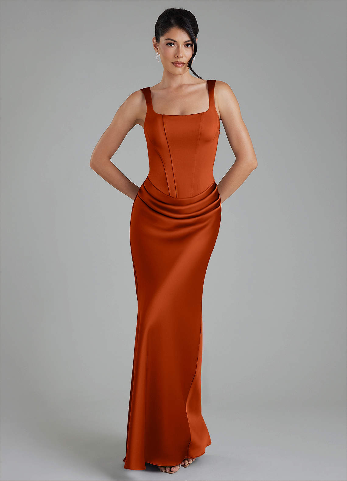 Etta Mermaid Square-Neck Stretch Satin Bridesmaid Dress in Paprika