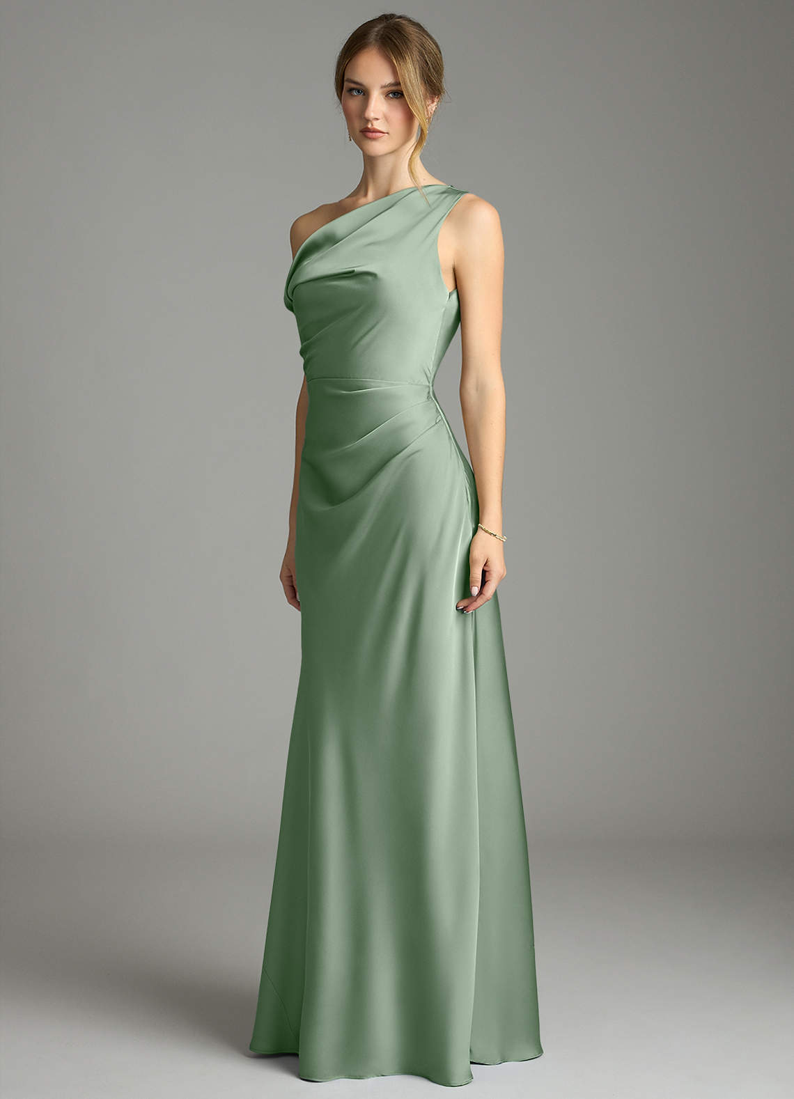 Emerson Mermaid One-Shoulder Stretch Satin Bridesmaid Dress in Matcha