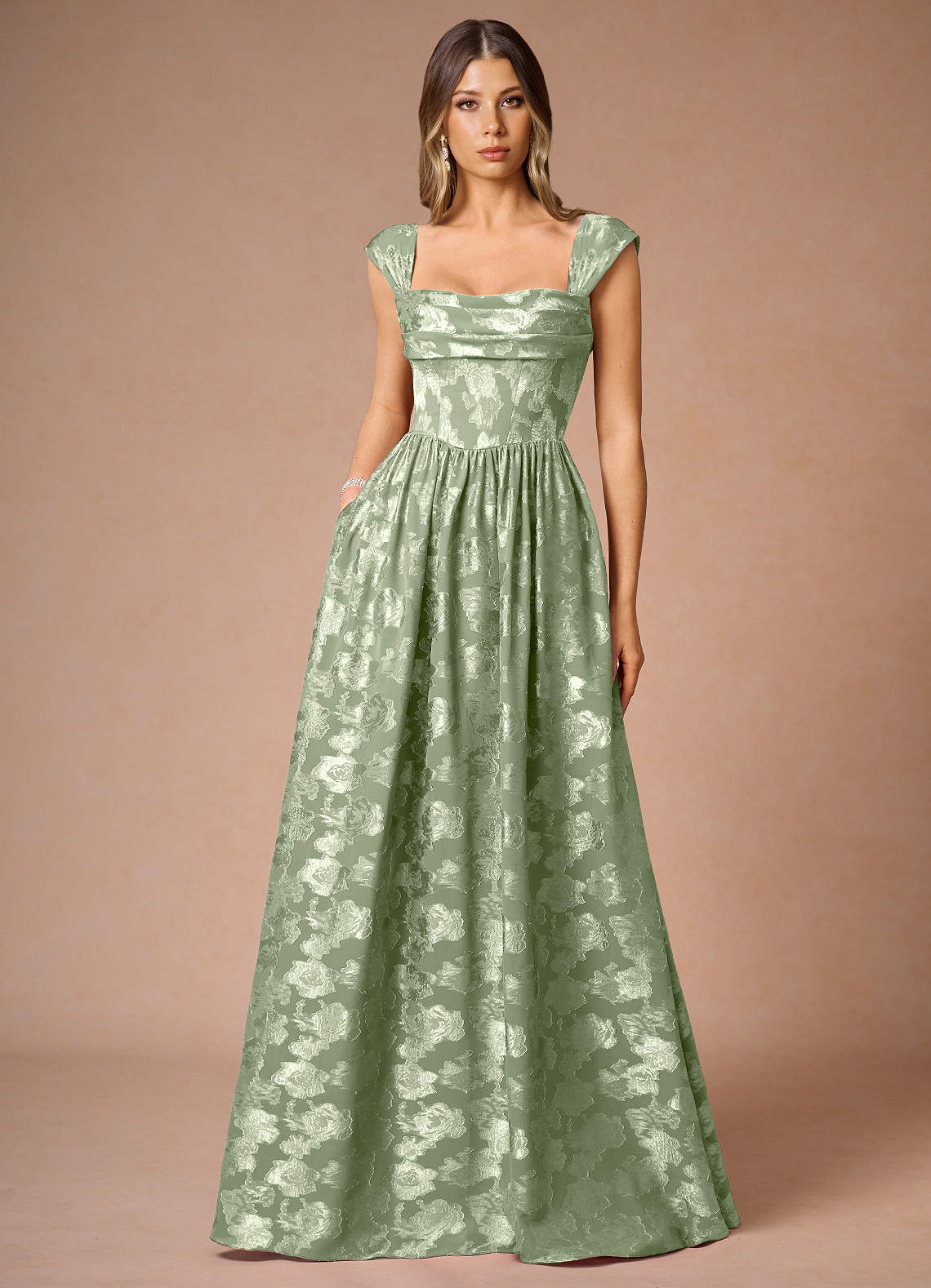 Hazel A-Line Cowl-Neck Fil Coupé Wedding Guest Dress in Light Green