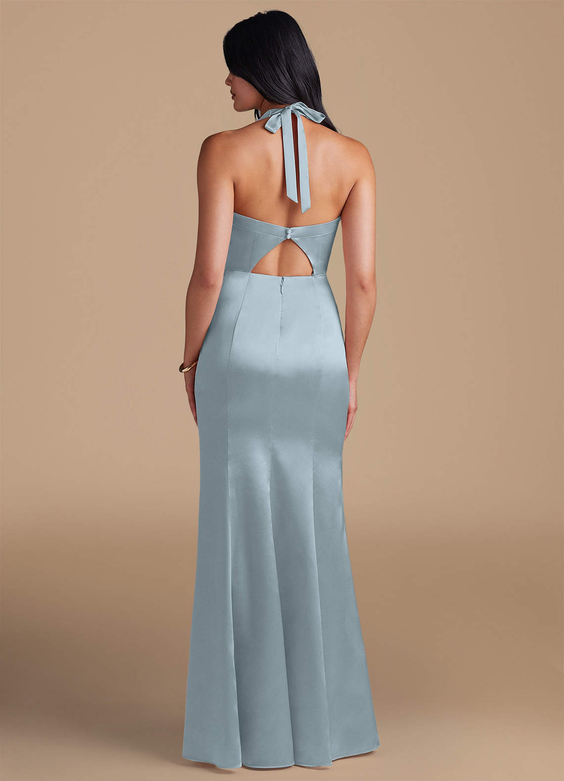 Emeria Sheath Halter Metallic Satin Bridesmaid Dress in dusty blue