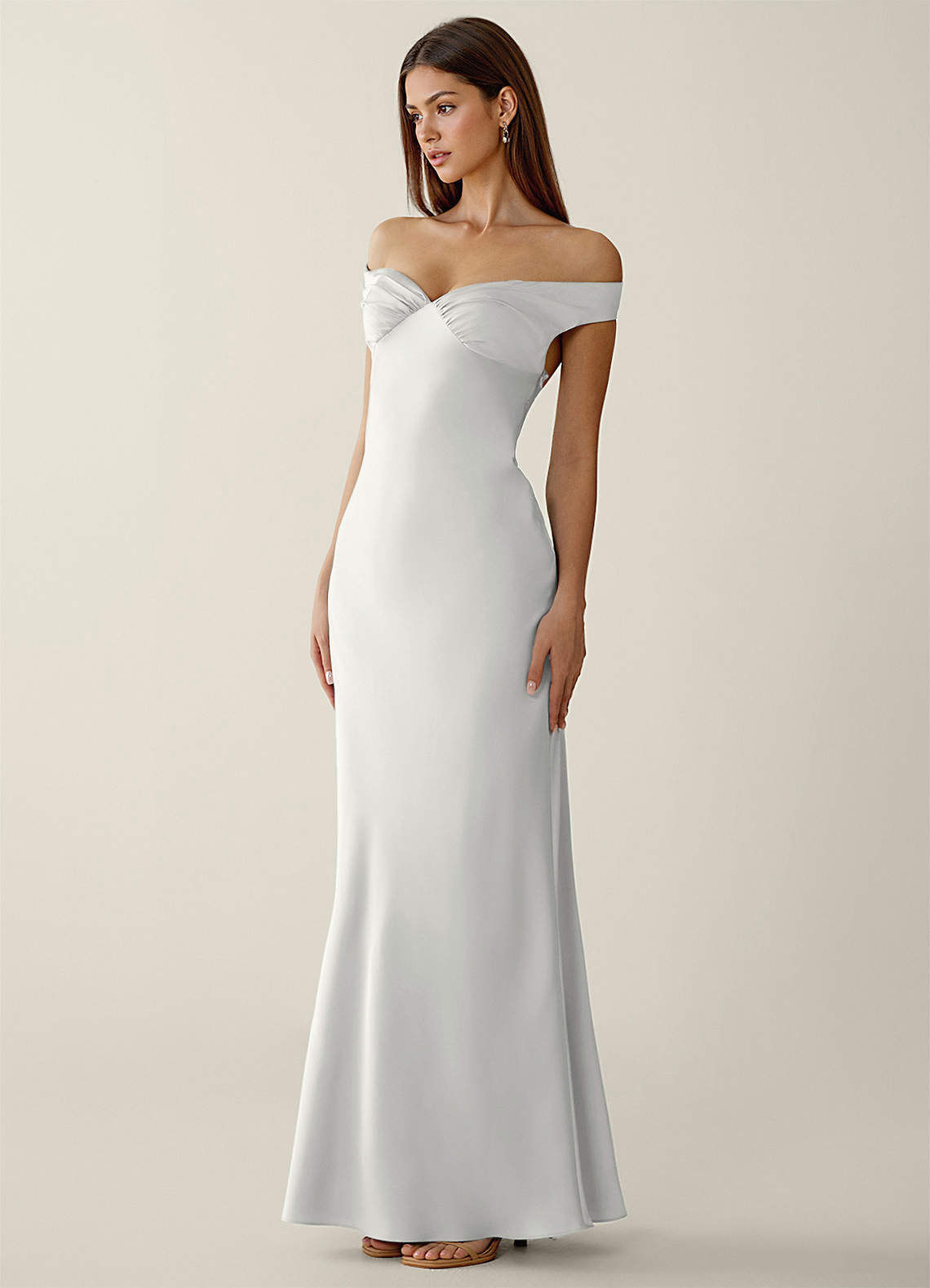 Gwendonme Sheath Off-the-Shoulder Satin Crystal Linen Evening Dress in white