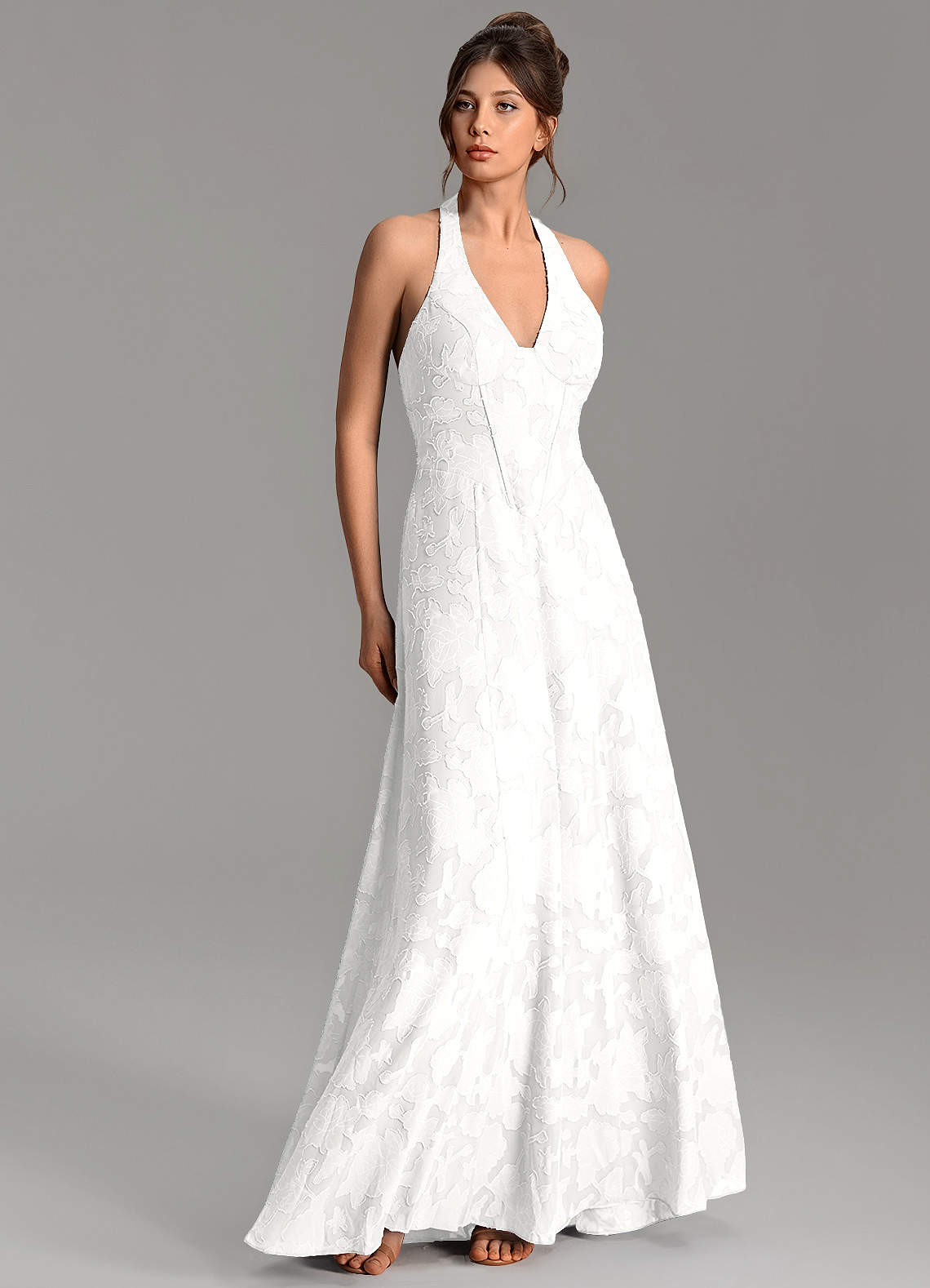 Nia A-Line V-Neck Floral Burnout Bridesmaid Dress in white