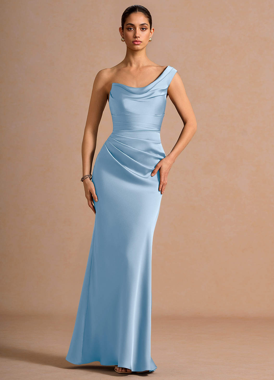 Cassiopeia One-Shoulder Draped Stretch Satin Evening Dress in Haze blue
