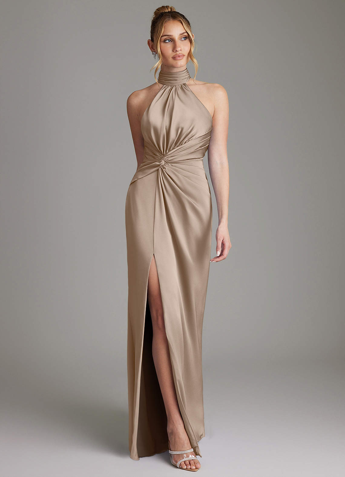 Gracelynn Sheath Halter Stretch Satin Bridesmaid Dress in Taupe
