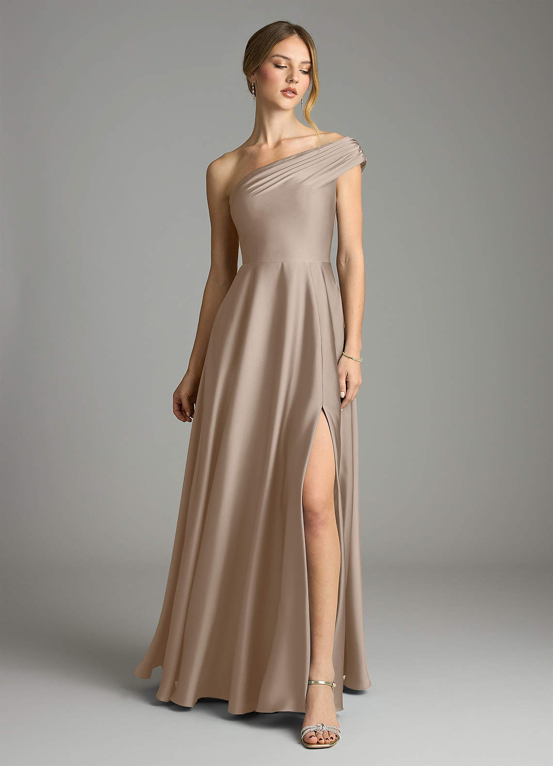 Melanie A-Line One-Shoulder Stretch Satin Bridesmaid Dress in Taupe