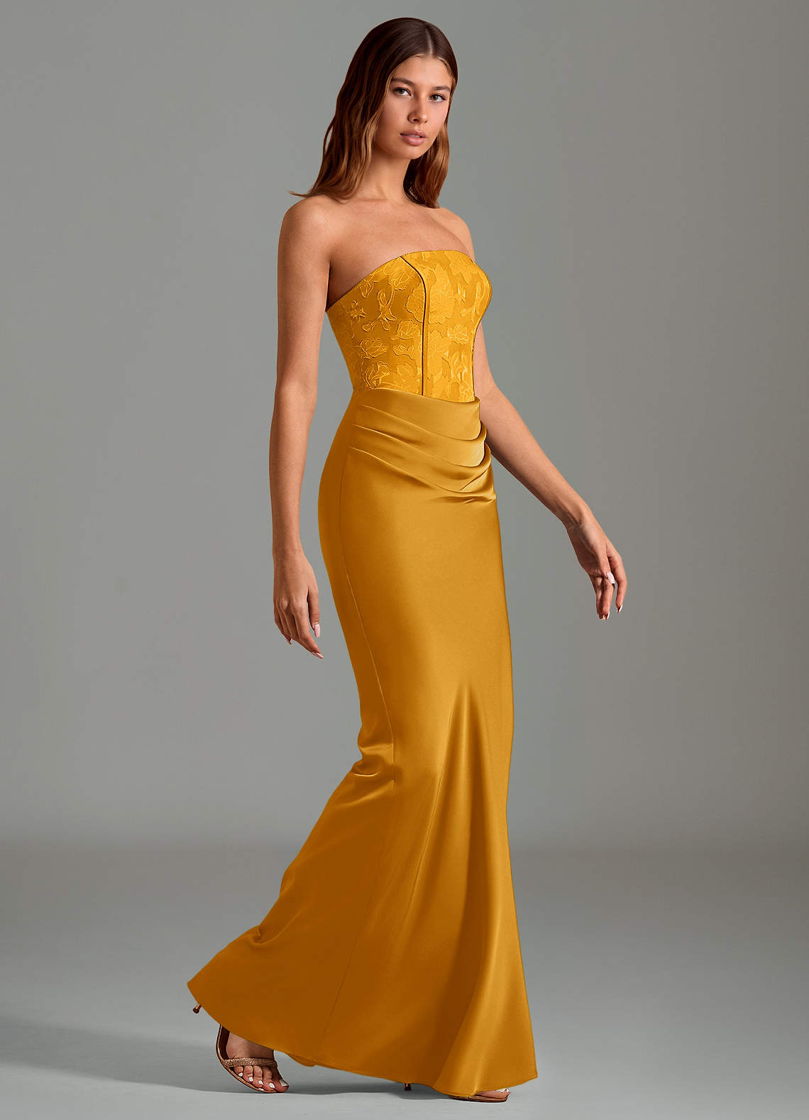 Emilia Mermaid Strapless Stretch Satin and Floral Burnout Bridesmaid Dress in butterscotch