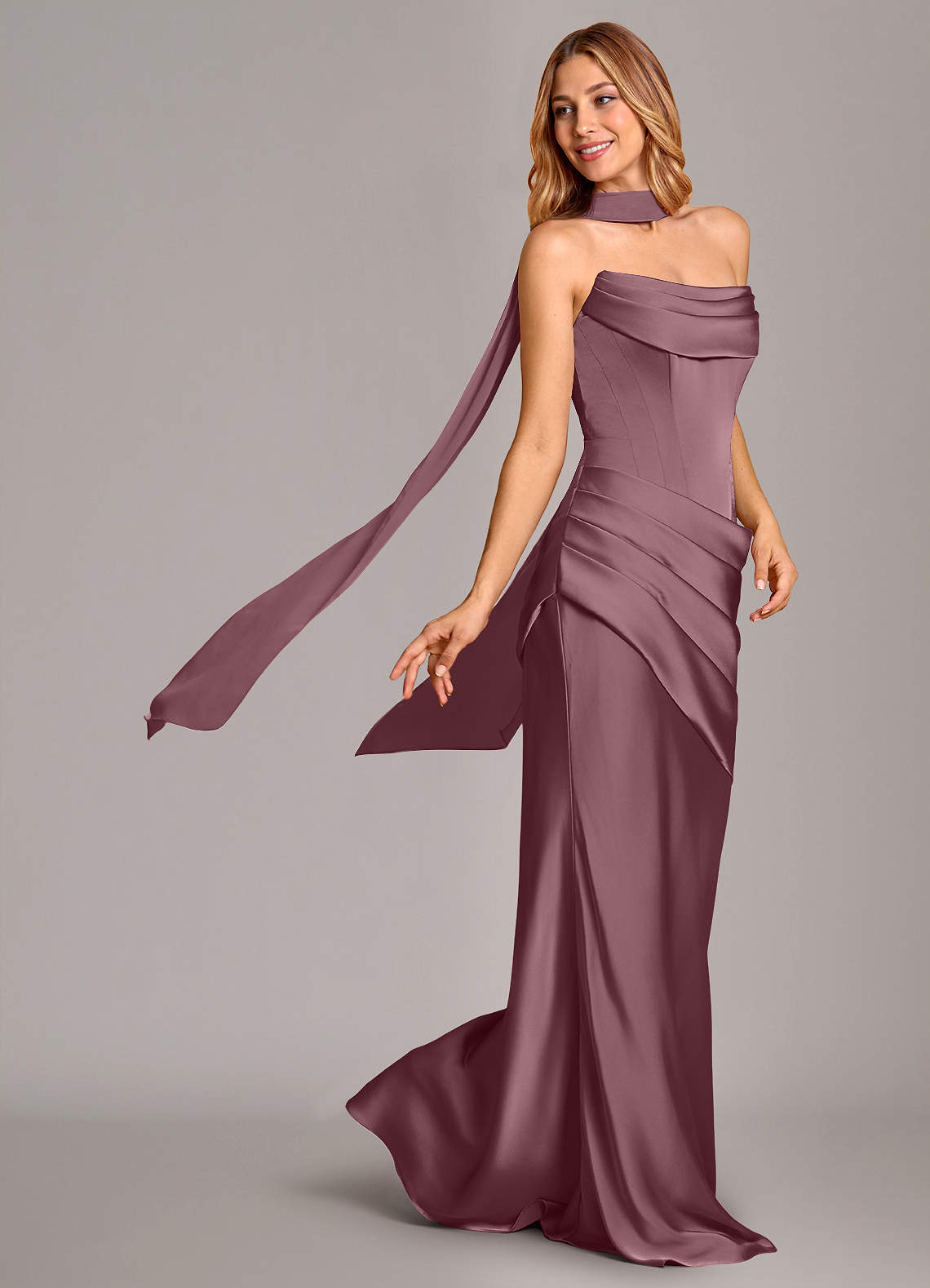 Pelagia Mermaid Cowl-Neck Stretch Satin Bridesmaid Dress in Amethyst