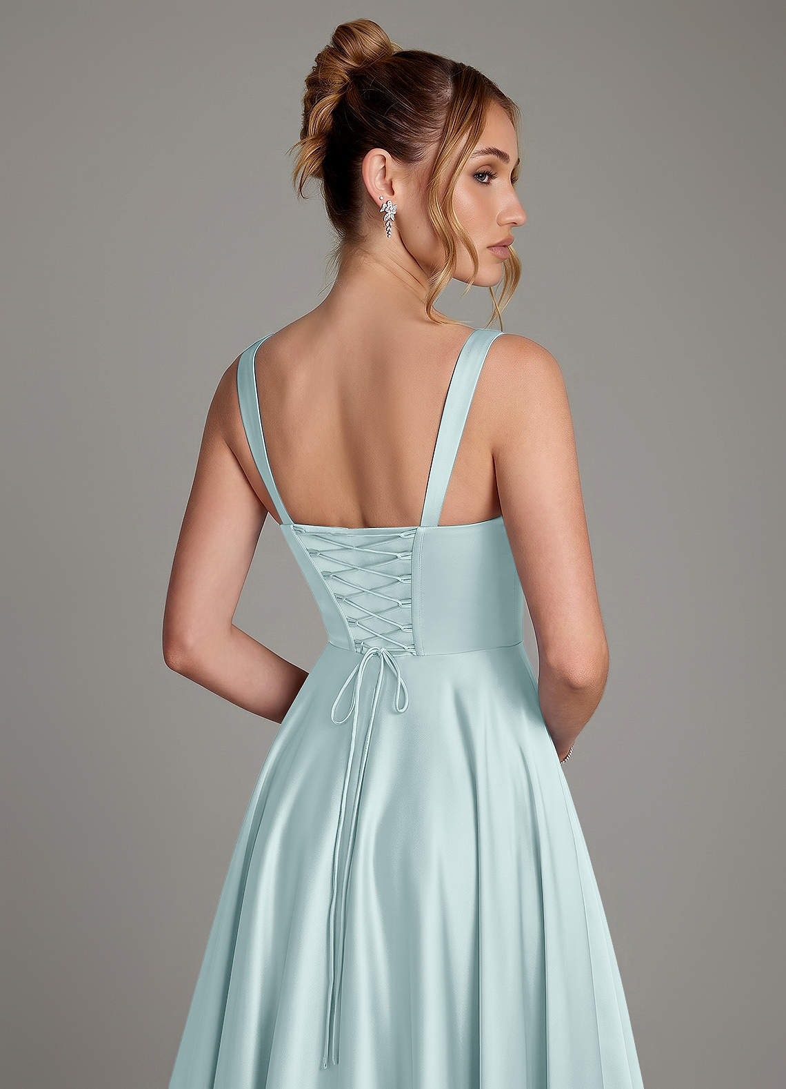 Azaria A-Line Square-Neck Stretch Satin Bridesmaid Dress in Mist