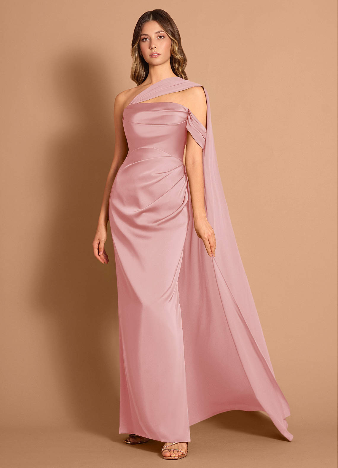 Meliora Asymmetric Strapless Chiffon-Drape Stretch Satin Evening Dress in Haze Pink
