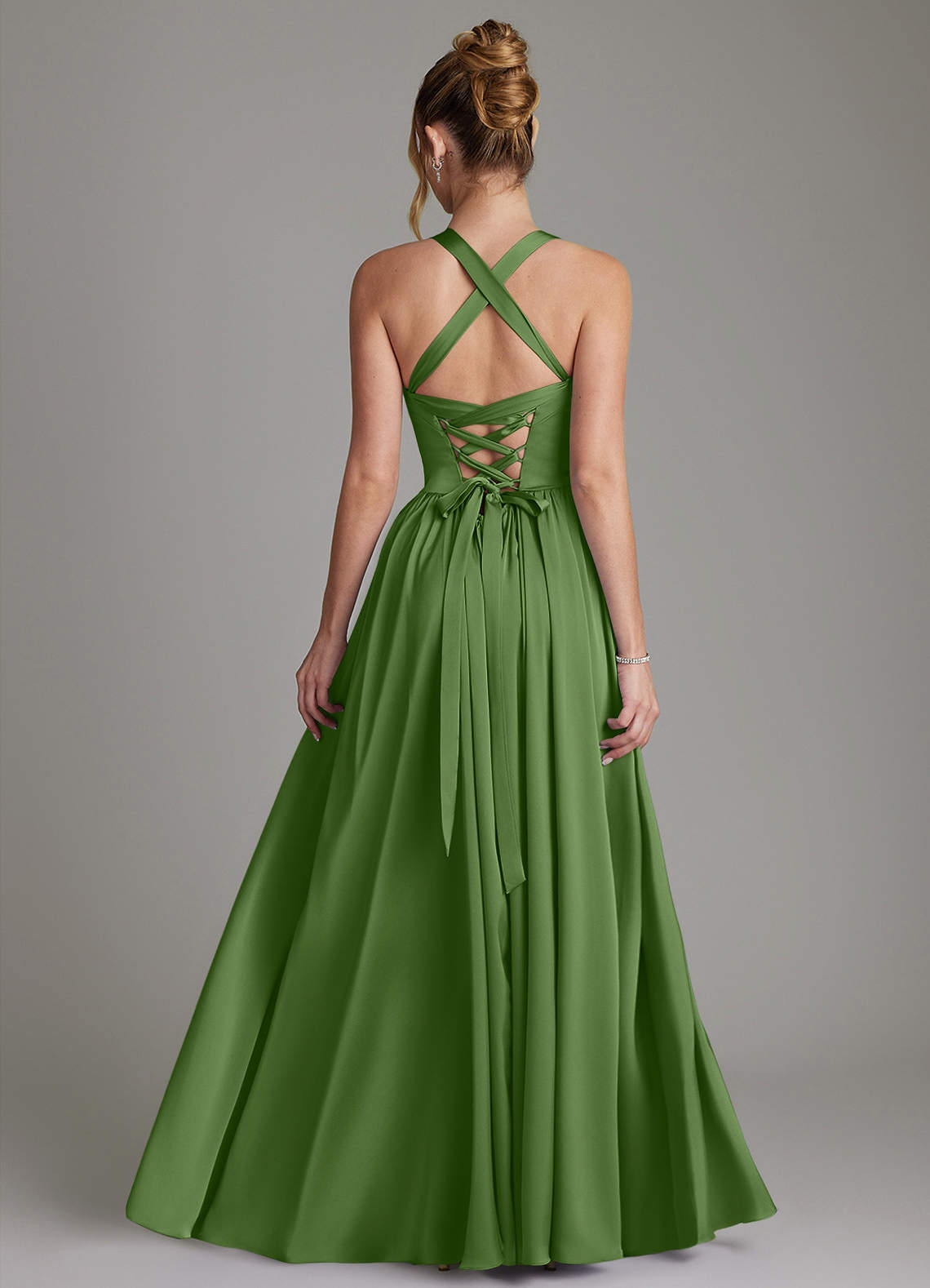 Francis A-Line V-Neck Stretch Satin Bridesmaid Dress in Basil