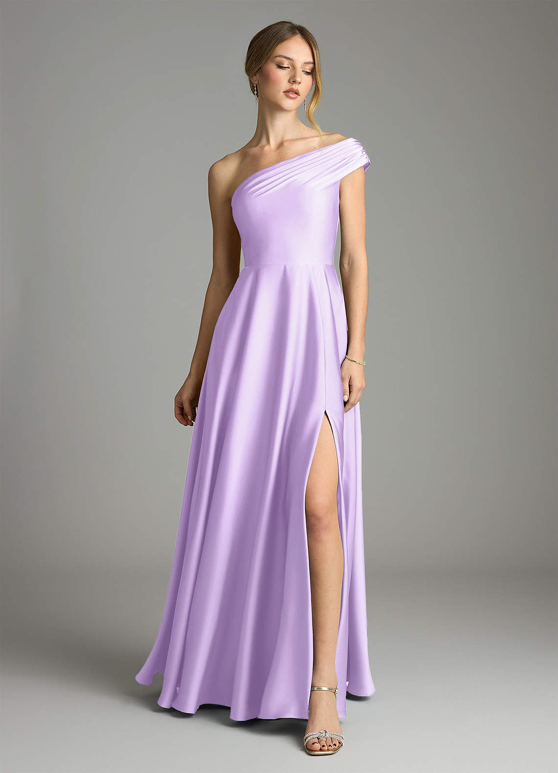 Melanie A-Line One-Shoulder Stretch Satin Bridesmaid Dress in Lilac