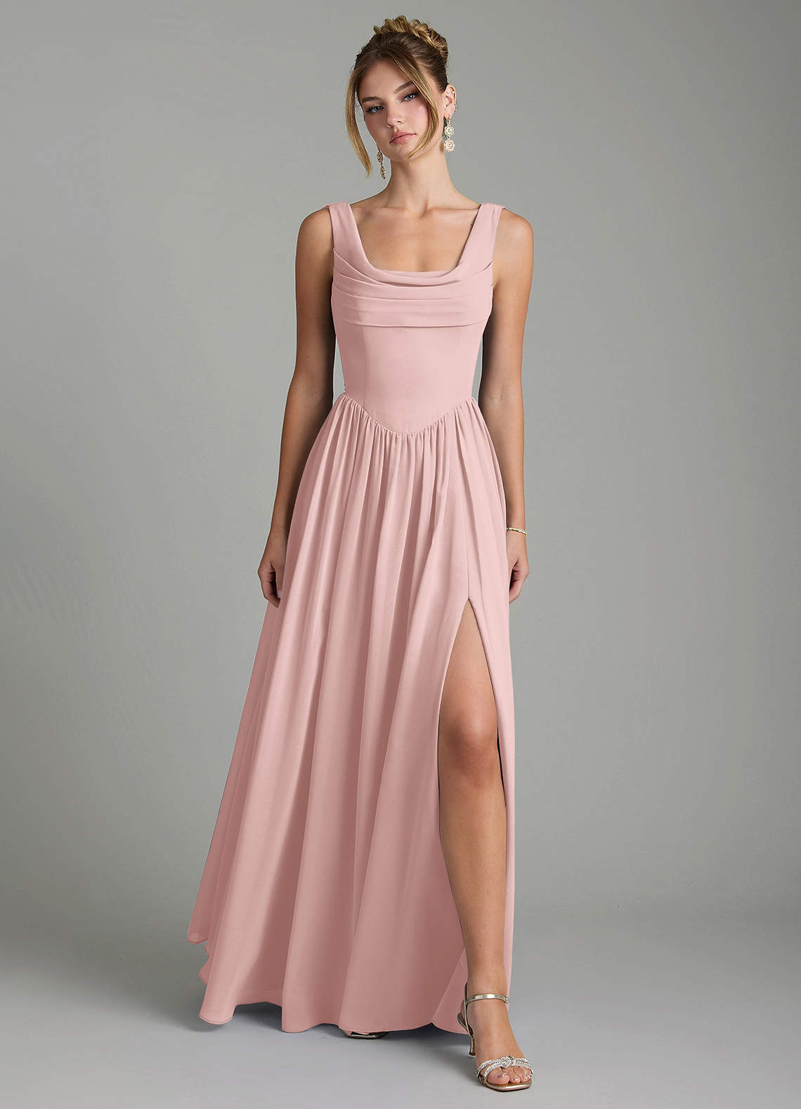 Novi A-Line Square-Neck Chiffon Bridesmaid Dress in Powder Pink