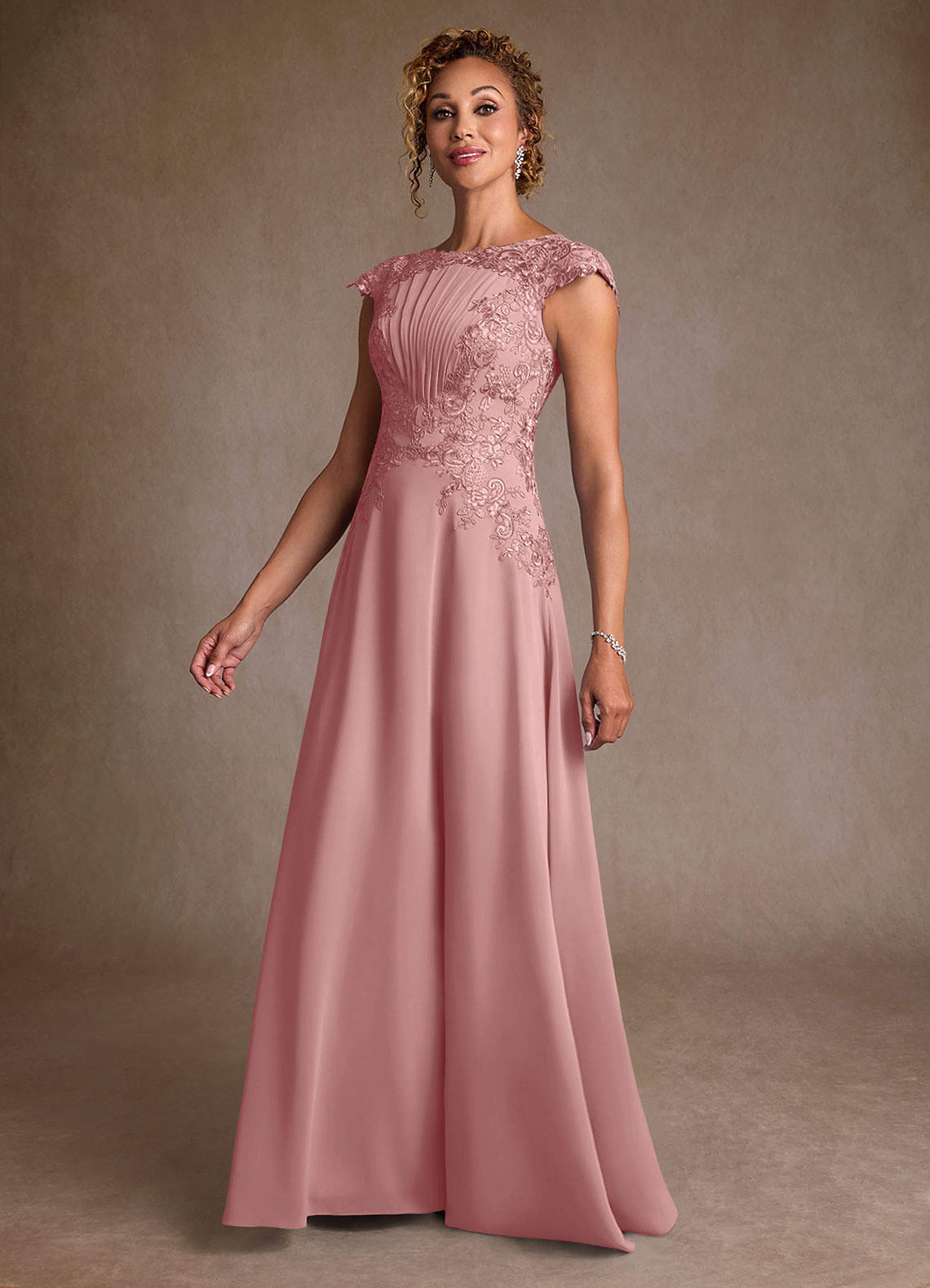Christi A-Line Scoop-Neck Chiffon and Lace Mother of the Bride Dress in Dusty Rose