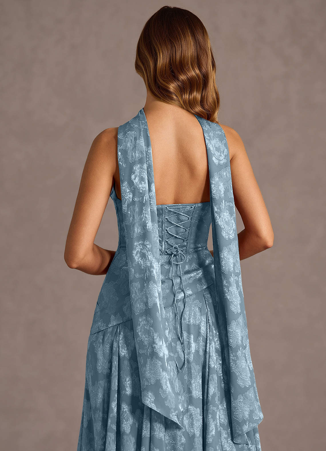 Gabriela A-Line Corset Fil Coupé Wedding Guest Dress in Dusty Blue