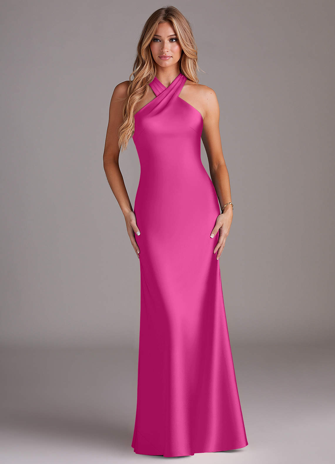 Doretta Mermaid Halter Stretch Satin Bridesmaid Dress in Fuchsia