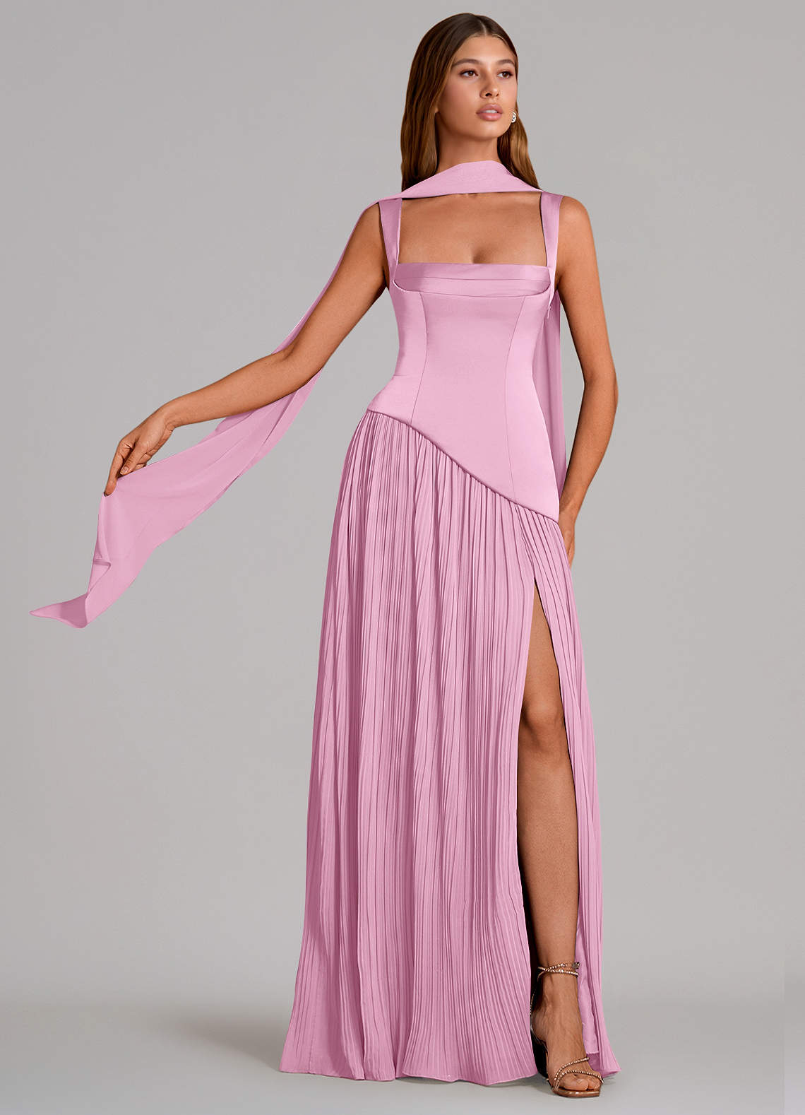 Stephanie A-Line Square-Neck Stretch Satin and Chiffon Bridesmaid Dress in candy pink