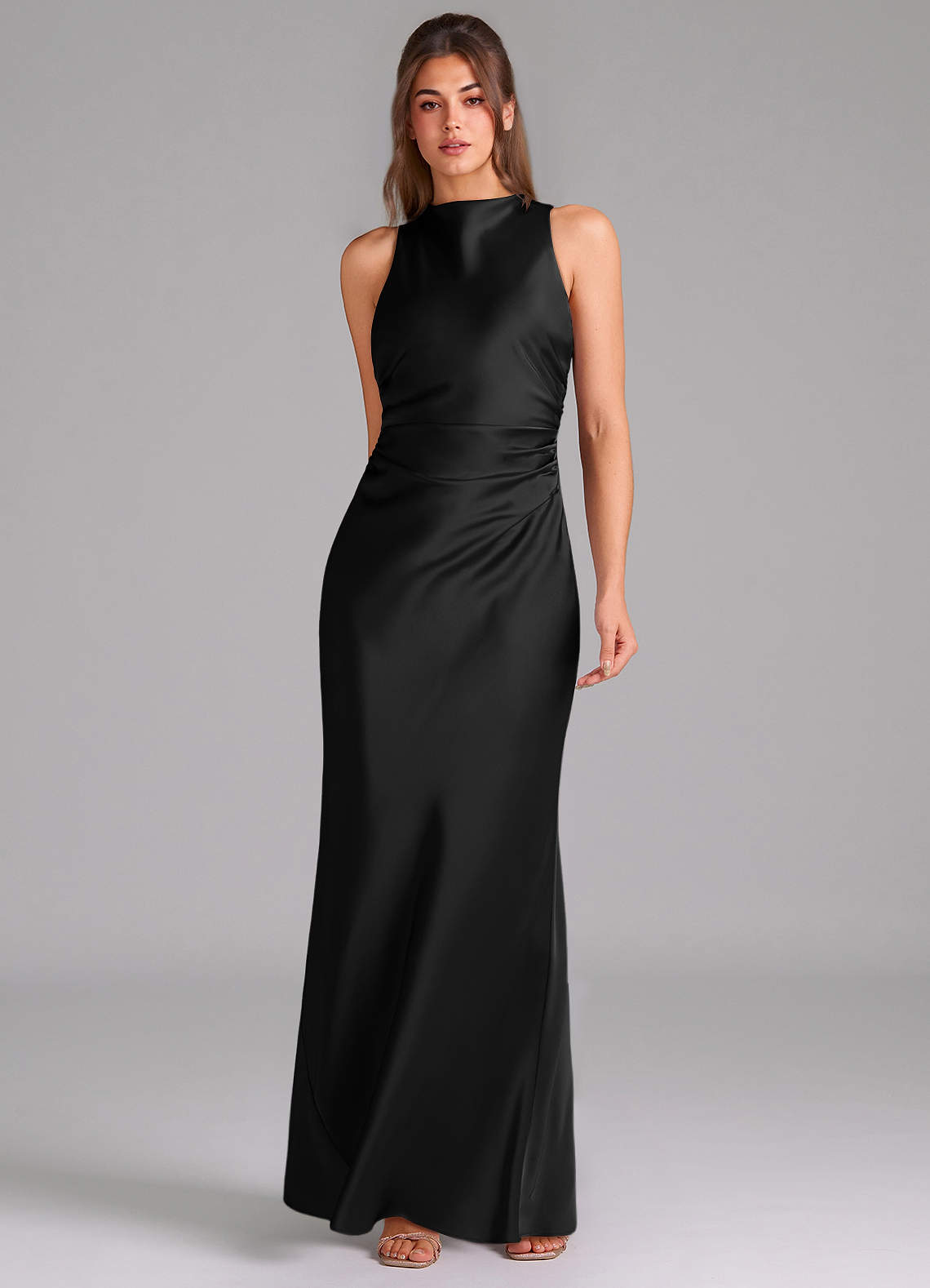 Evadne Sheath Scoop-Neck Stretch Satin Bridesmaid Dress in black