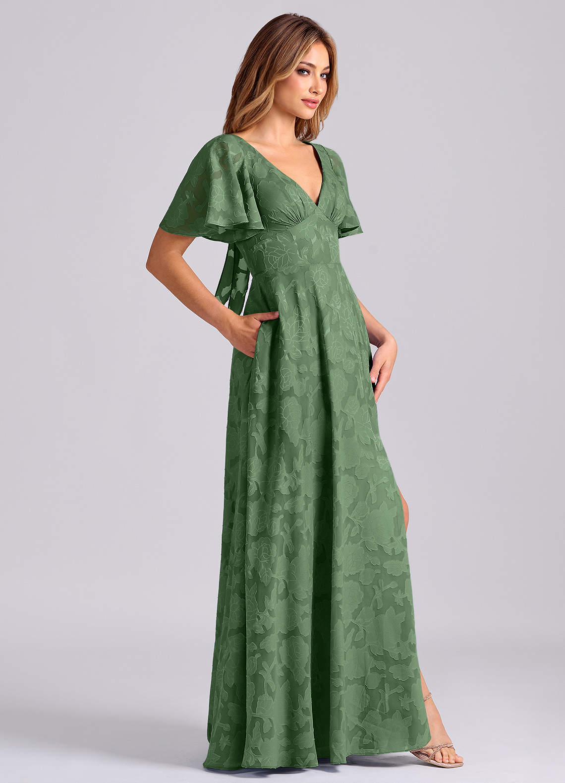 Kimber A-Line V-Neck Floral Burnout Bridesmaid Dress in Eucalyptus