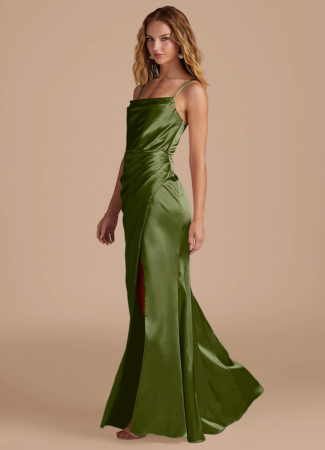 Marzia Mermaid Square-Neck Metallic Satin Bridesmaid Dress in Olive